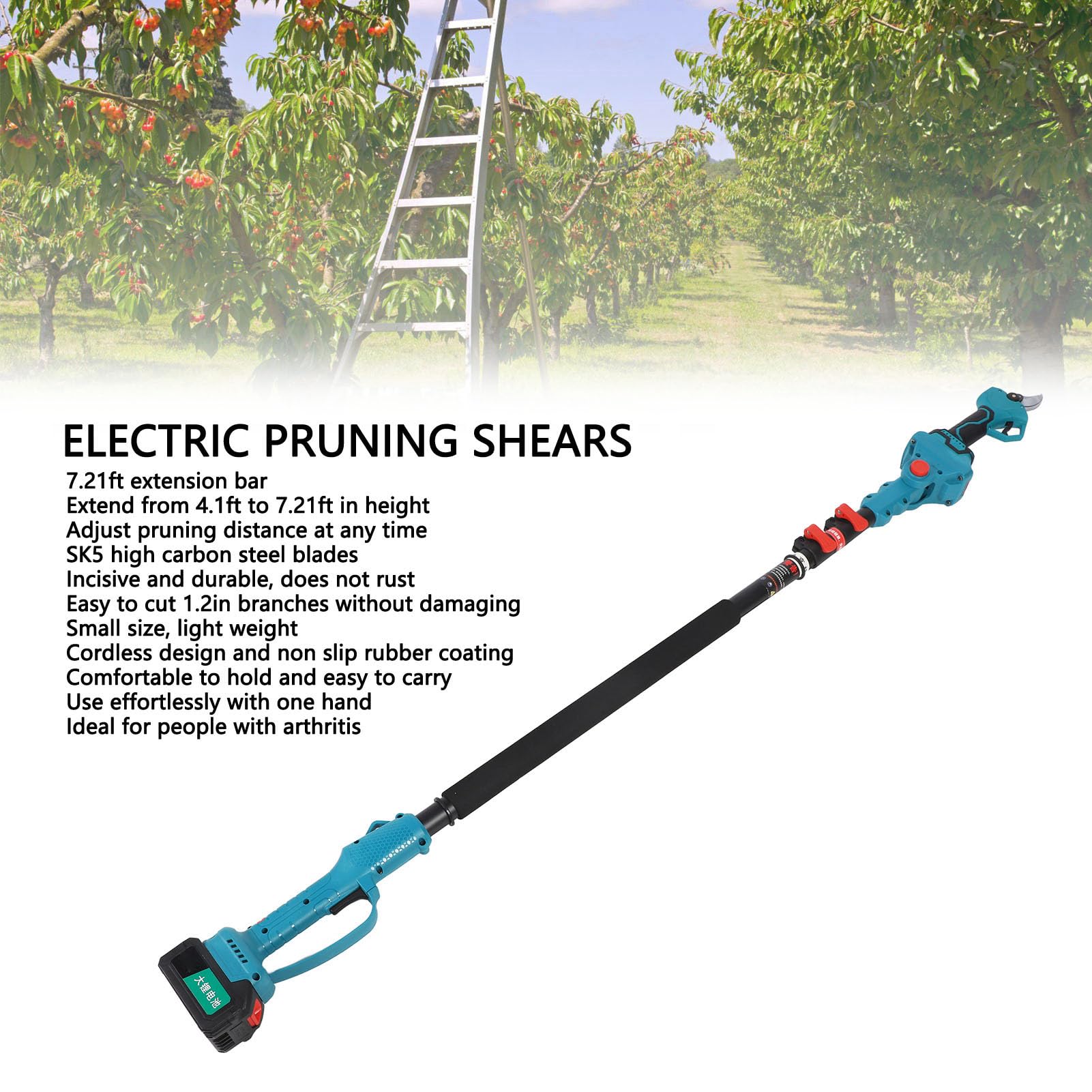 Electric Pruning Shears Cordless with Retractable Extension Pole - SK5 Steel Blade & 4000mAh Battery - Safety Switch for Tree Trimming, Gardening, and Landscaping (US Plug)
