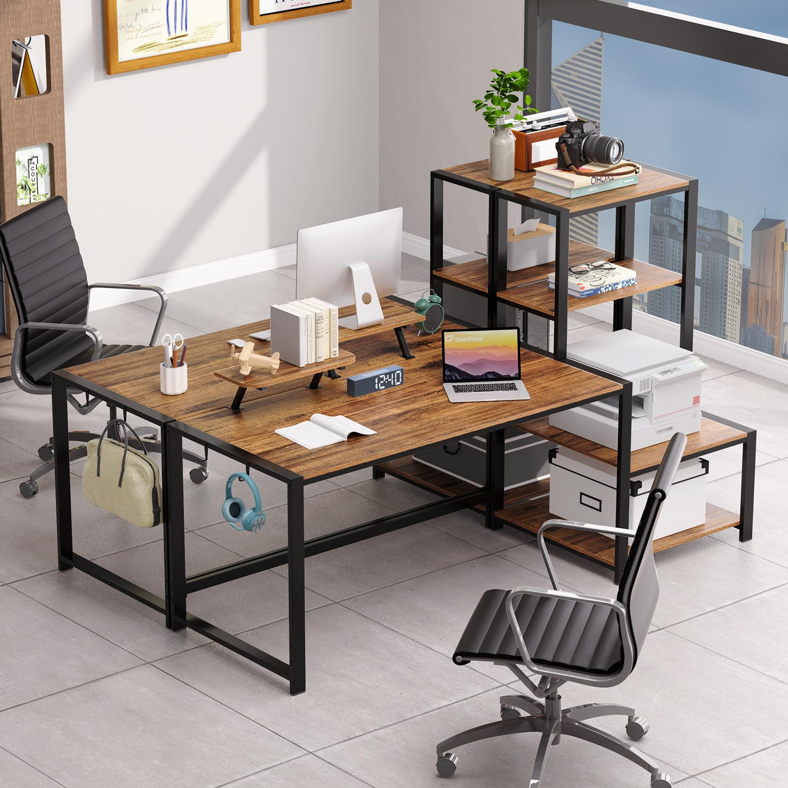 GreenForest 67-inch Computer Desk with Printer Shelf & Monitor Stand - Reversible Office Desk with 2 Hooks for Home Office, Study, Writing & Gaming - Perfect for Small Spaces & Workstations (Brown)