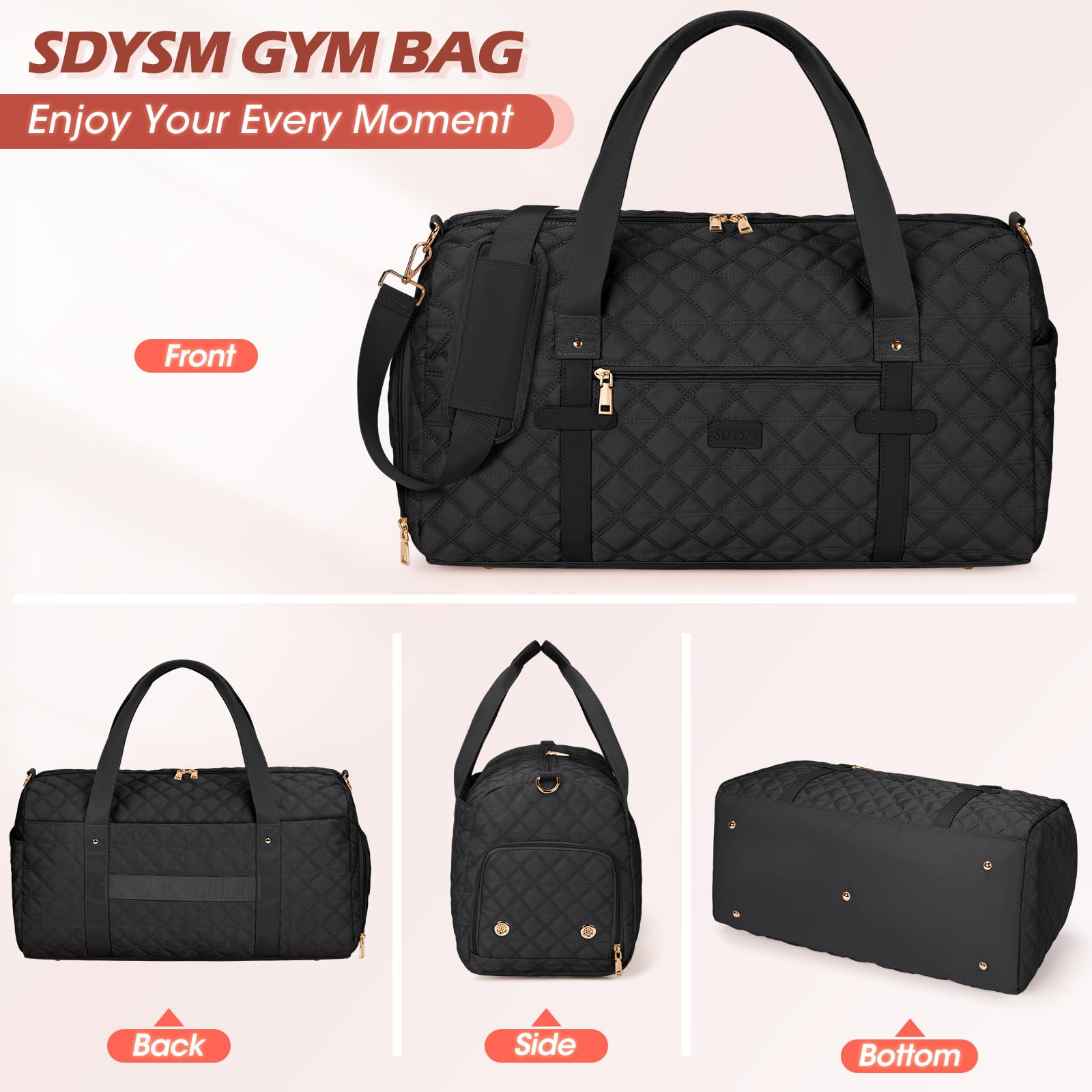 SDYSM Women's Waterproof Gym Bag with Shoe Compartment & Wet Pocket - Duffle Travel Bag for Sports, Yoga, Workout - Perfect for Gym, Travel & Weekend Getaways (Black)