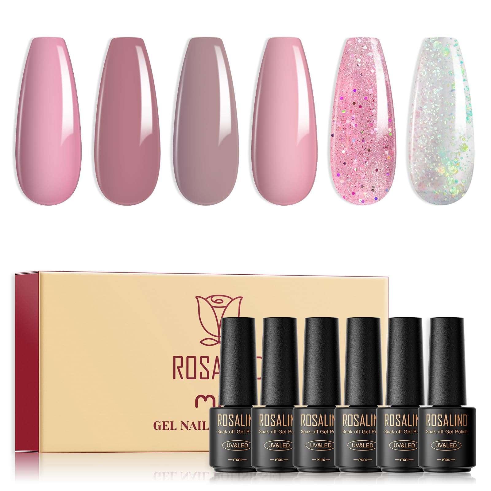 ROSALIND Pink Gel Nail Polish Set - 6 Glitter Gel Polish Colors, Soft Pink & Light Pink White Nail Polish for Women, Long Lasting UV LED Gel Nail Polish Kit - Perfect for Manicures, Pedicures, Nail Art & Salon Use