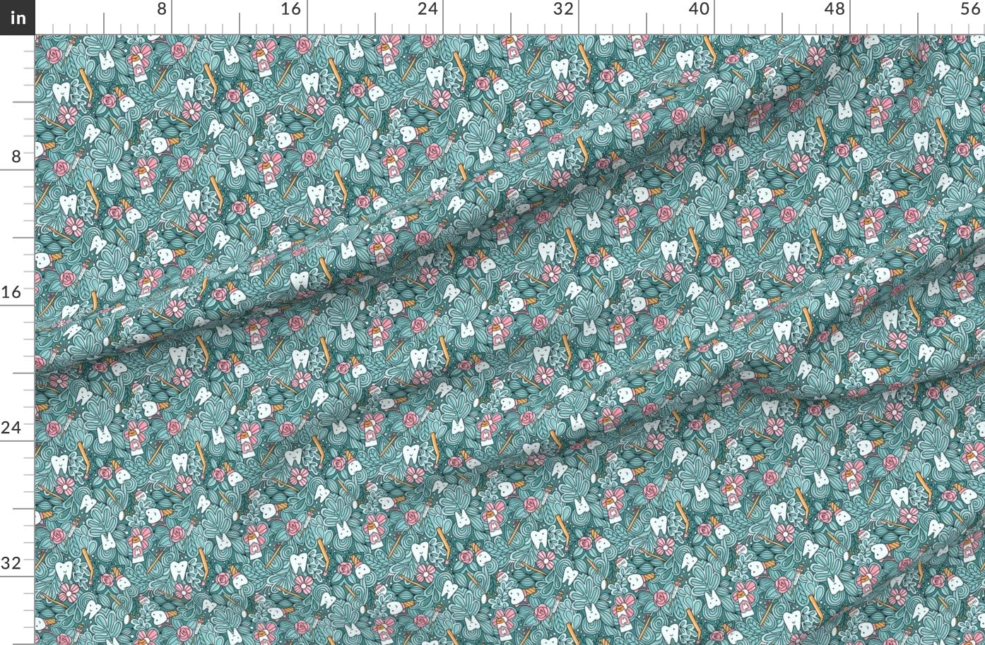 Dentist Teeth Doodles Cute Tooth Print Denim Fabric by The Yard - Bottomweight Cotton Material for Apparel, Home Decor & Upholstery - Perfect for DIY Scrubs, Curtains & Craft Projects
