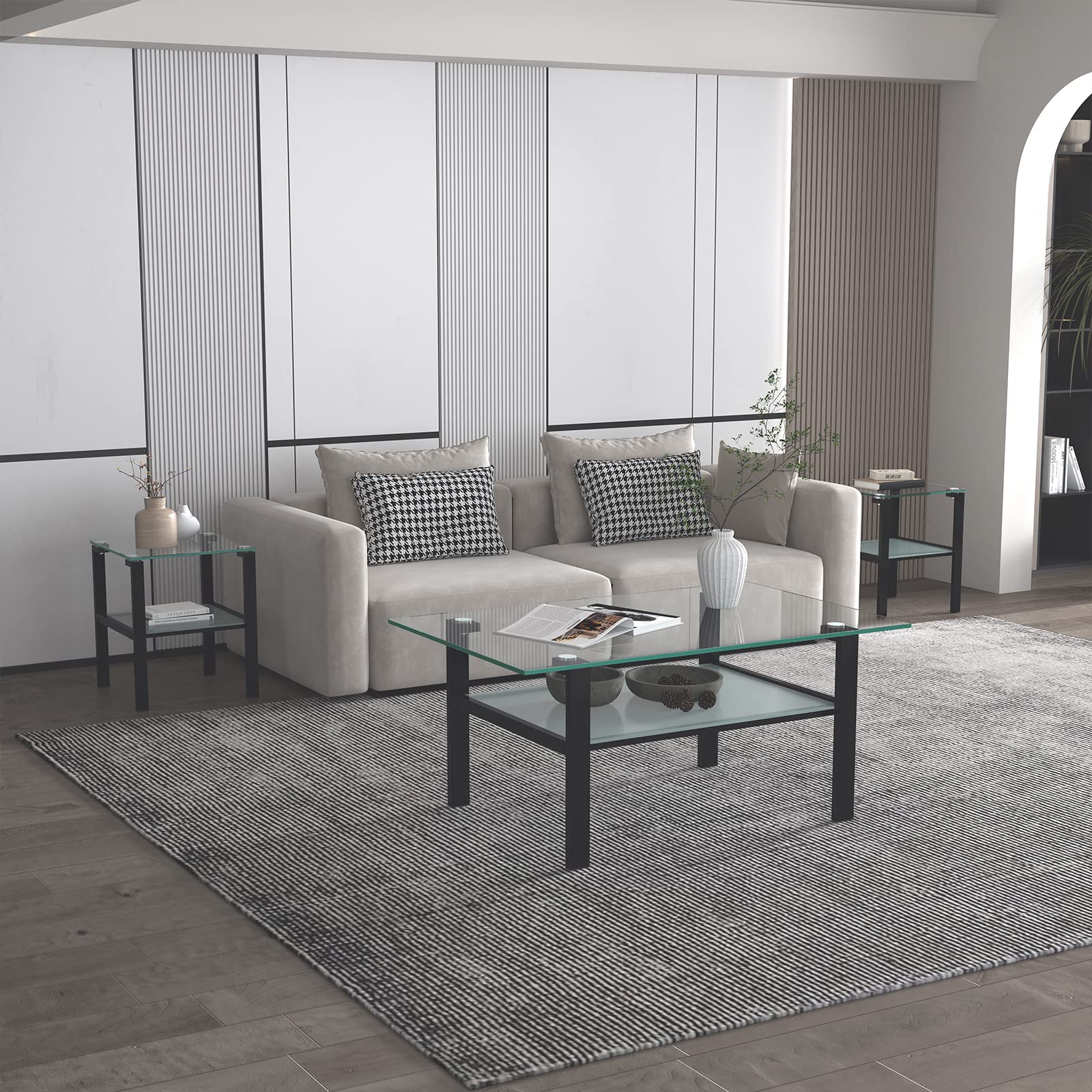 3-Piece Glass Coffee Table Set with Black Metal Legs & Clear Tempered Glass - Modern Living Room Coffee Table and End Table Set for Home Decor | Perfect for Small Spaces, Apartments & Lounge Areas