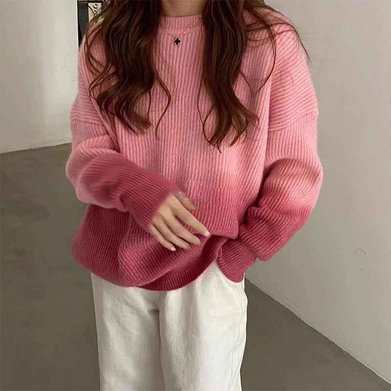 Trendy Loose Round Neck Gradient Knitted Sweater - Casual Oversized Pullover for Women | Perfect for Fall Layering, Coffee Dates & Cozy Weekends