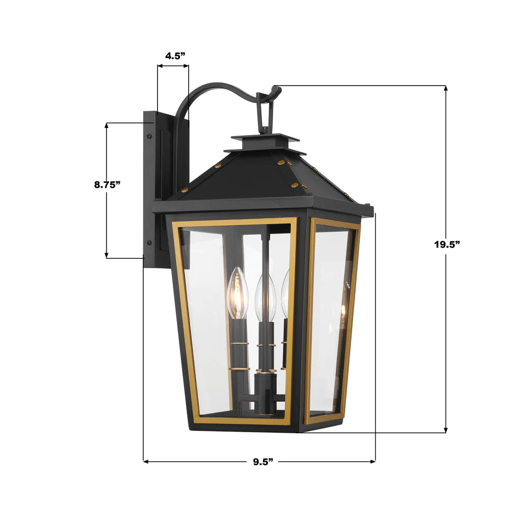 Stainless Steel & Glass Outdoor Wall Sconce - 3 Light Matte Black with Gold Finish, 9.5x19.5 Inches, 120V E12 Candelabra Base LED Compatible - Perfect for Patio, Garden, Porch, and Exterior Wall Lighting