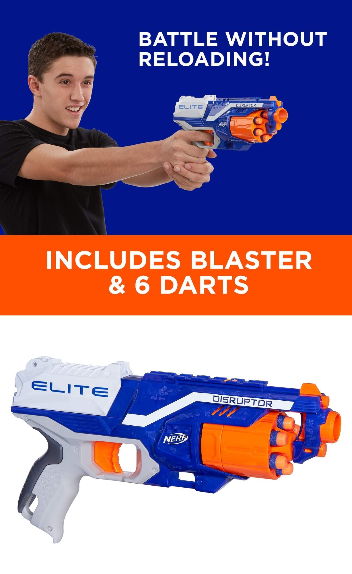 NERF Disruptor Elite Blaster with 6 Official Nerf Elite Darts - High-Performance Foam Dart Blaster for Outdoor Games, Target Practice & Nerf Battles (Ages 8+)
