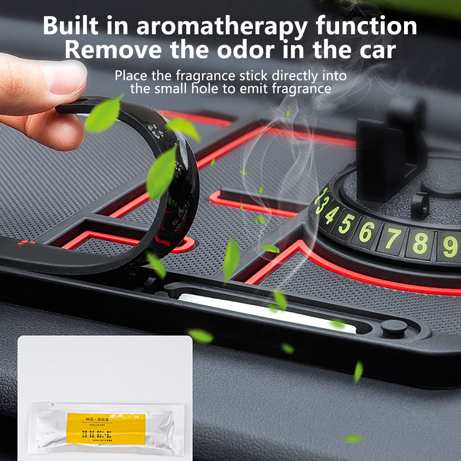2023 Non-Slip Glow in the Dark Car Dashboard Phone Mat - 4-in-1 Universal Anti-Shake Phone Holder with Temporary Parking Card & Aromatherapy Pad (Red) | Perfect for Night Driving, Road Trips & Daily Commute