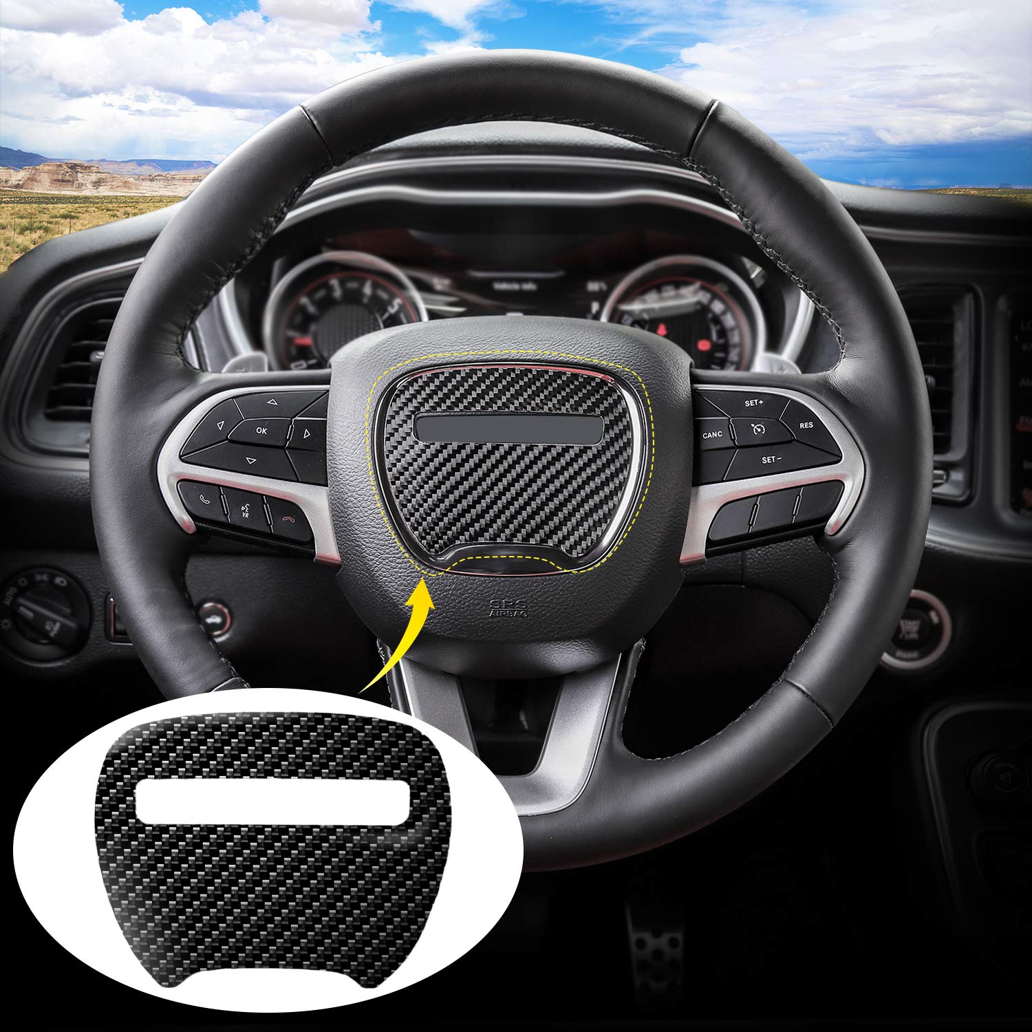 JeCar Carbon Fiber Steering Wheel Cover & Interior Sticker - Compatible with Dodge Challenger 2015-2023 Models | Enhance Grip & Style for Daily Driving & Racing
