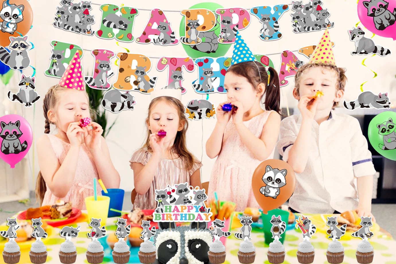 Raccoon Party Decorations Set - Woodland Baby Shower & Birthday Supplies Kit with Banner, Spirals, Cake Topper, Cupcake Toppers, Balloons for Nursery Theme, Gender Reveal & First Birthday Parties