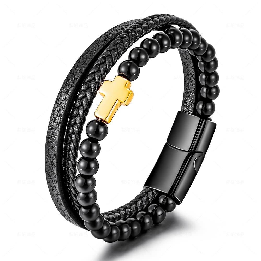 HILOLOA Punk Layered Braid Leather Bracelet for Men - Adjustable Cross Pendant Bangle with Stainless Steel Magnetic Clasp - Handwoven Multilayer Bracelet Jewelry for Teen Boys | Perfect for Casual Wear, Gifts, and Rock Style Fashion