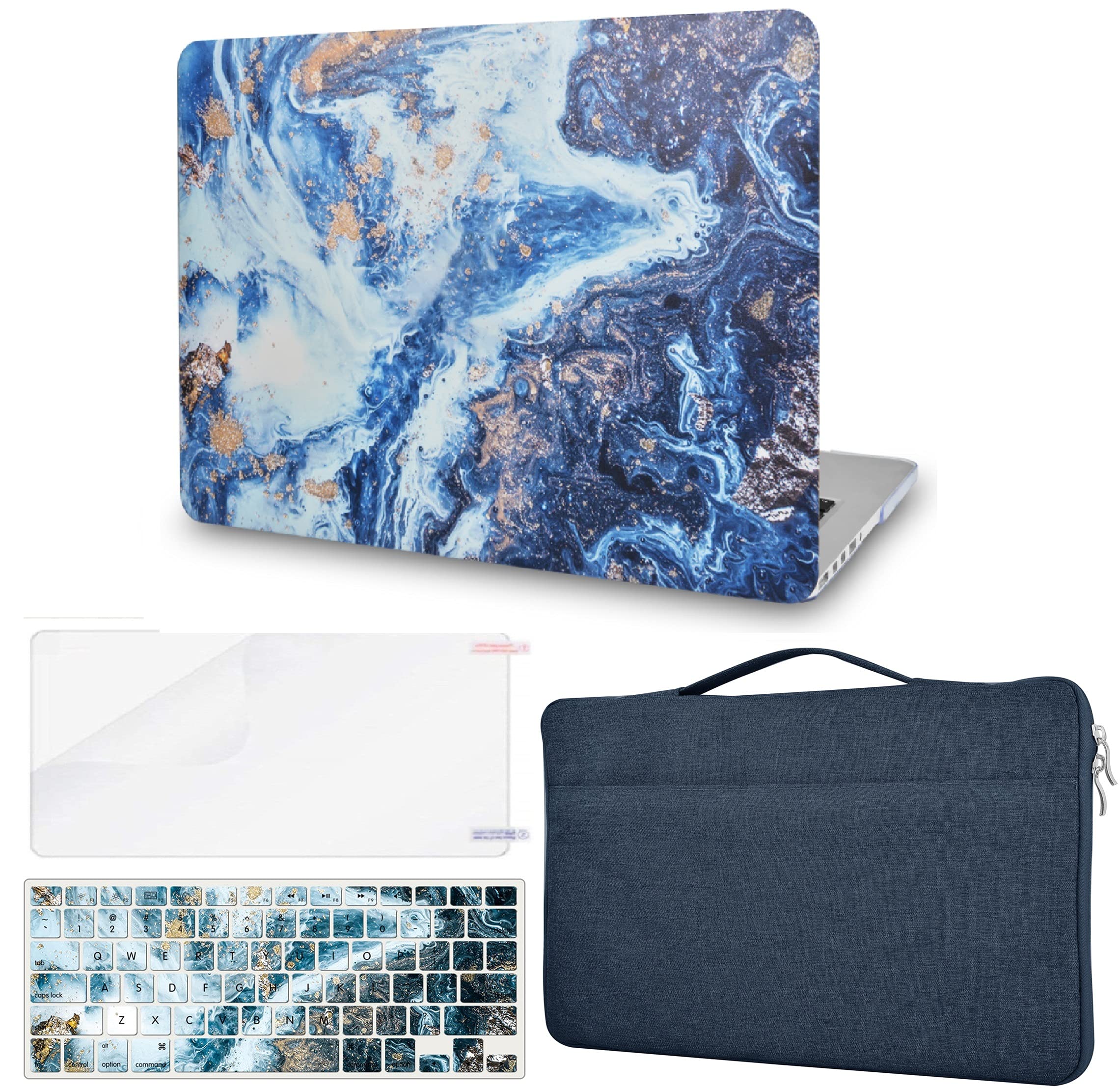 UPOTI Hard Shell Case Cover for MacBook Pro 16 inch (2021-2022, M1 Pro/Max A2485) - Protective Plastic Shell with Sleeve Bag, Keyboard & Screen Protector - Deep Blue Gold Vein Marble Design | Perfect for Office, Travel & School Use