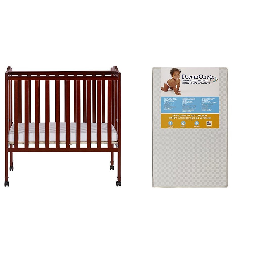 2 in 1 Lightweight Folding Portable Stationary Side Crib with Dream On Me 3 Portable Crib Mattress - White | Perfect for Travel, Nursery & Co-Sleeping | Safe & Comfortable Baby Bed