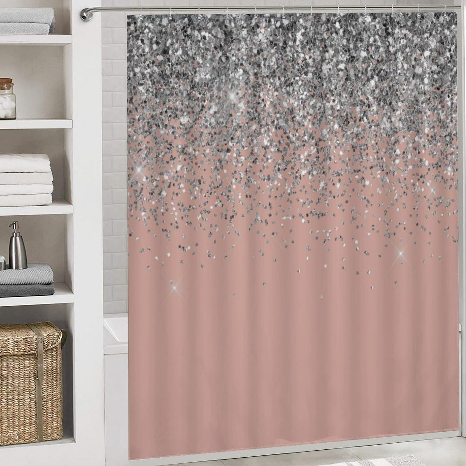 Rose Gold Glitter Shower Curtain Set - 4 Piece Bathroom Decor with Non-Slip Rug & Toilet Cover | Elegant Blush Pink & Silver Design for Girls' Bathroom | Perfect for Modern, Glamorous & Girly Home Decor