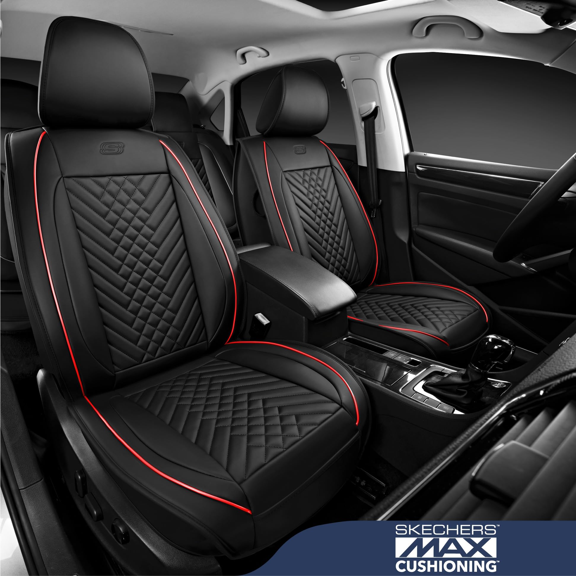 **Skechers MAX Cushioning Memory Foam Car Seat Covers – Waterproof Leather Seat Protector with Airbag Fit for Cars, Vans, Trucks & SUVs (Red) – Perfect for Long Drives & Commuting**