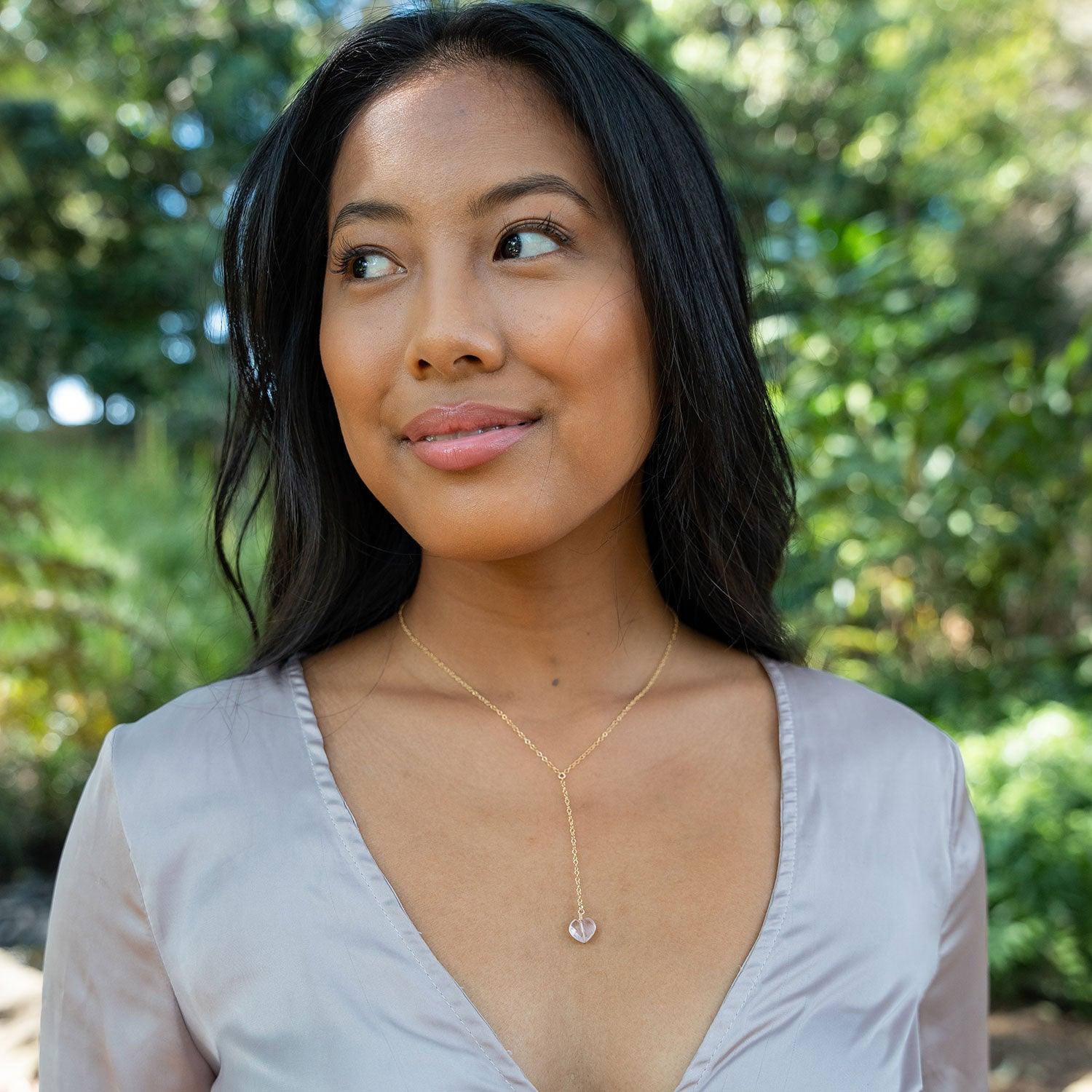 Rose Quartz Crystal Heart Lariat Necklace - Healing Stone Jewelry for Women, Dainty Layering Necklace, Spiritual Gift for Her | Perfect for Meditation, Yoga & Everyday Elegance