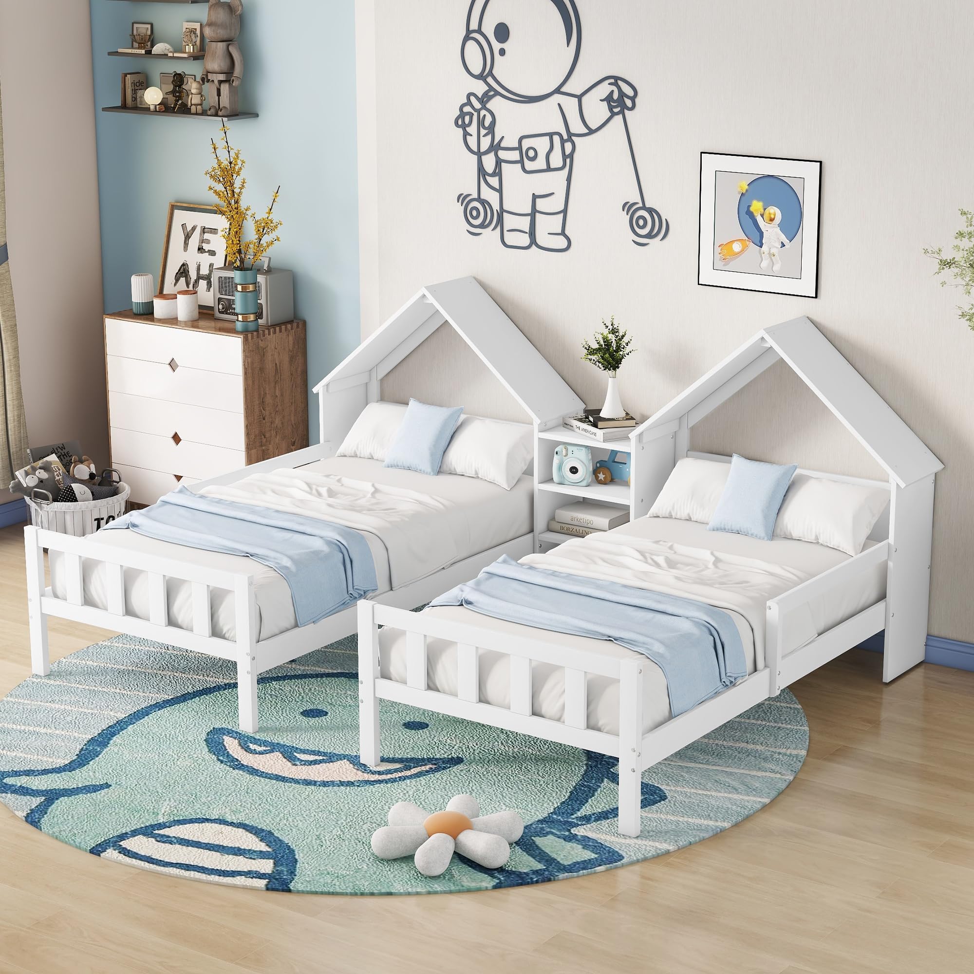 Harper & Bright Designs White Wooden Double Twin Bed Frame for Kids - House-Shaped Headboard with Built-in Nightstand, Side by Side Montessori Bunk Bed for Boys & Girls - Perfect for Shared Kids' Rooms & Small Spaces