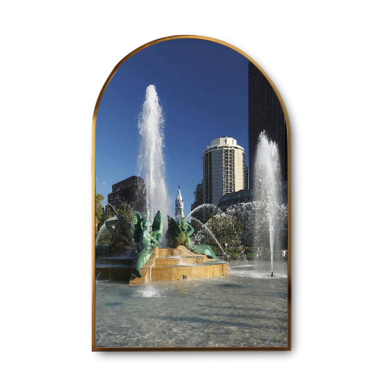 Golden Framed Canvas Wall Art - Arch Swann Fountain at Logan Circle Philadelphia Modern Giclee Print | Home Decor Painting Ready to Hang | Perfect for Living Room, Bedroom & Office Wall Decor