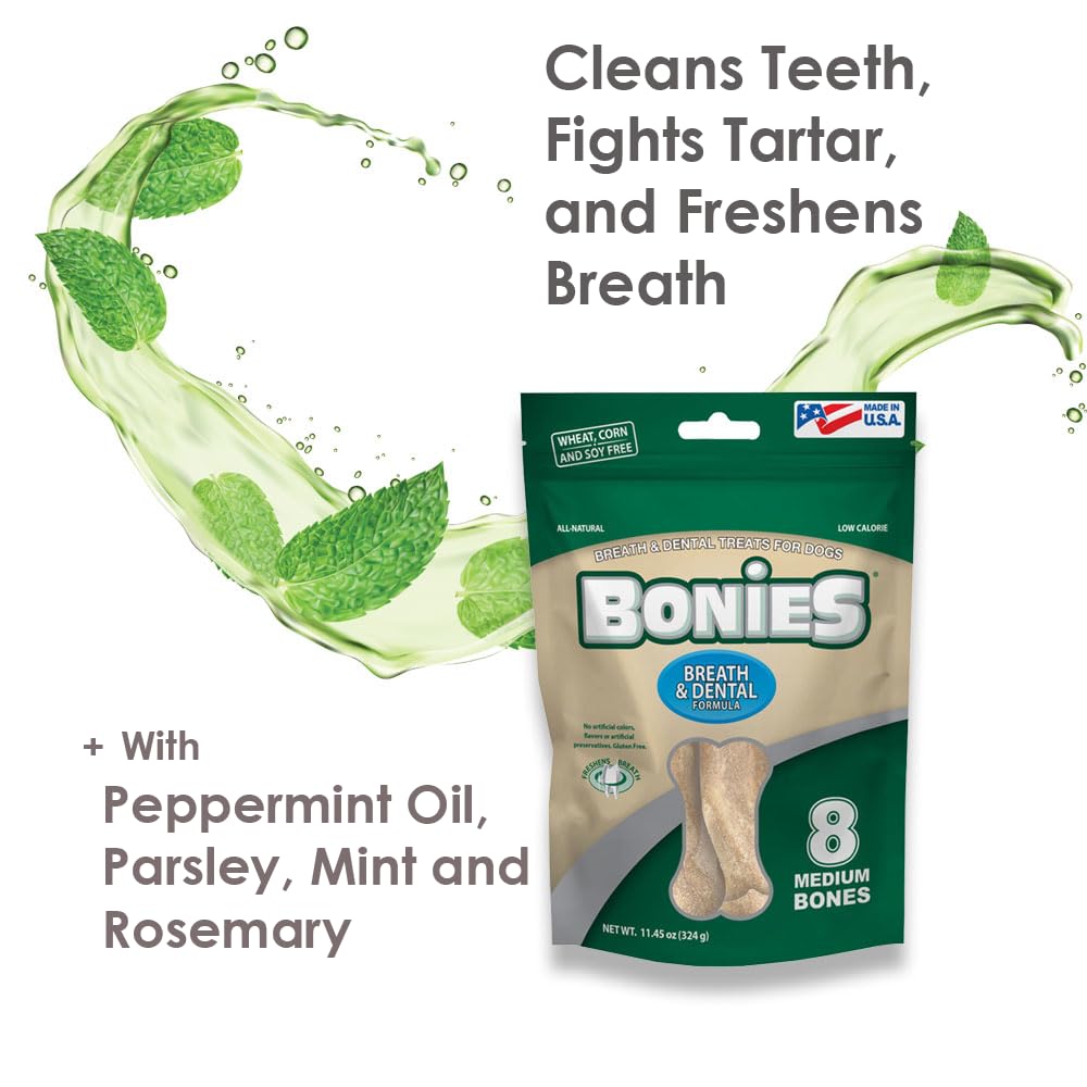 Bonies All-Natural Breath & Dental Formula Dog Treats - Chicken Flavor, Low-Calorie Teeth Cleaning Chews for Fresh Breath (8 Bones, 11.45oz) - Perfect for Daily Oral Care and Training Rewards