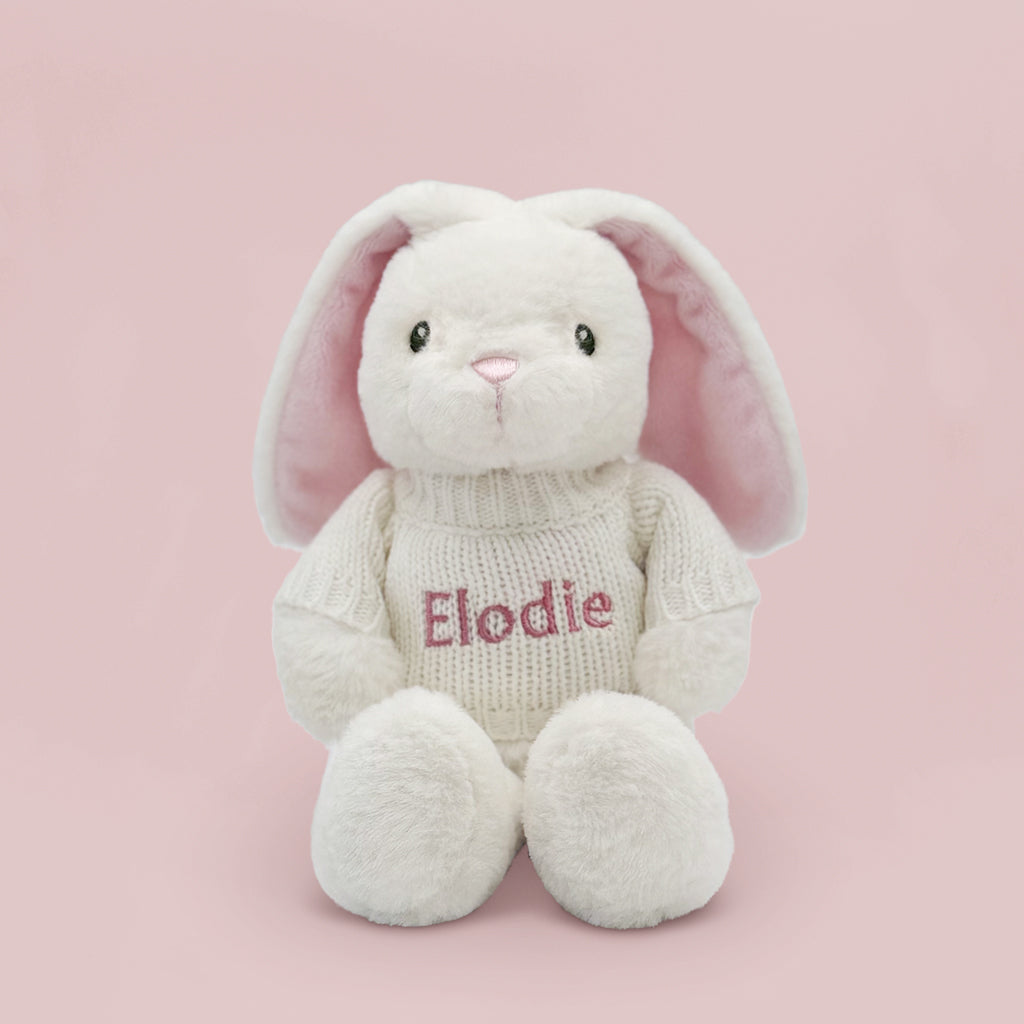Personalized Pink Baby Bunny Plush Toy with Jumper - Perfect for Newborn Gifts, Nursery Decor & Easter Celebrations