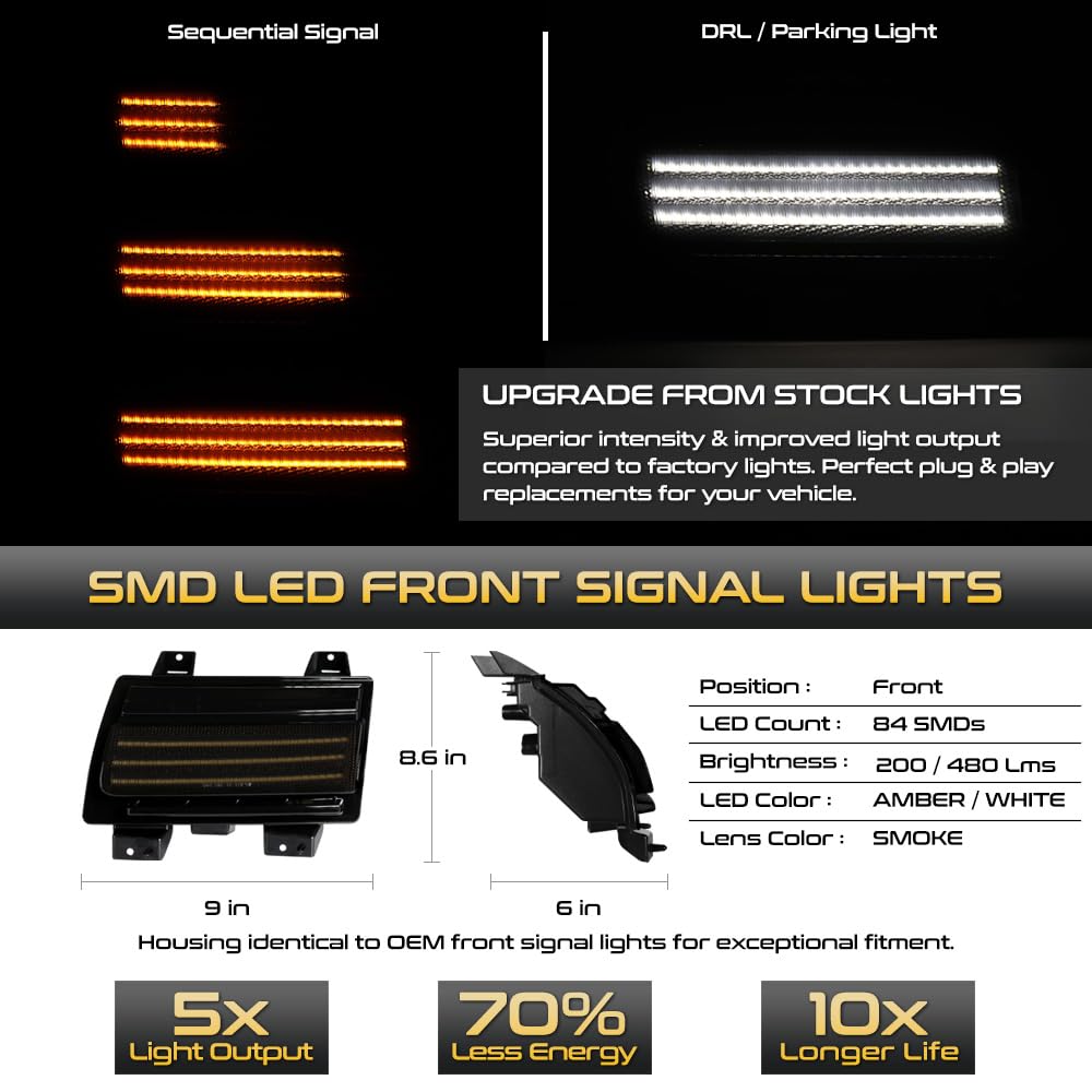 VIPMOTOZ Sequential Full LED Switchback Smoked Tinted Turn Signal Side Marker Lights for 2018-2023 Jeep Wrangler - Chrome Housing, Clear Lens, Amber+White Lamps (4PC Set) - Upgrade Your Off-Road Lighting for Enhanced Visibility & Style