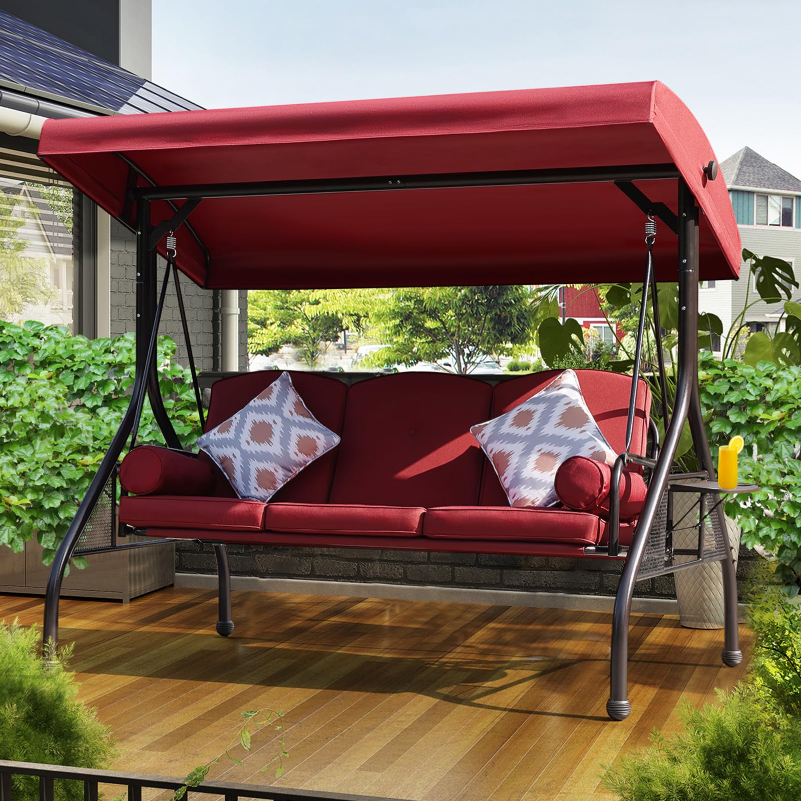 NOBLEMOOD 3-Seat Outdoor Patio Swing with Adjustable Canopy - Waterproof Cushion & Foldable Side Tray - Perfect for Backyard, Garden, Porch Relaxation - Ideal for Spring & Summer Outdoor Lounging