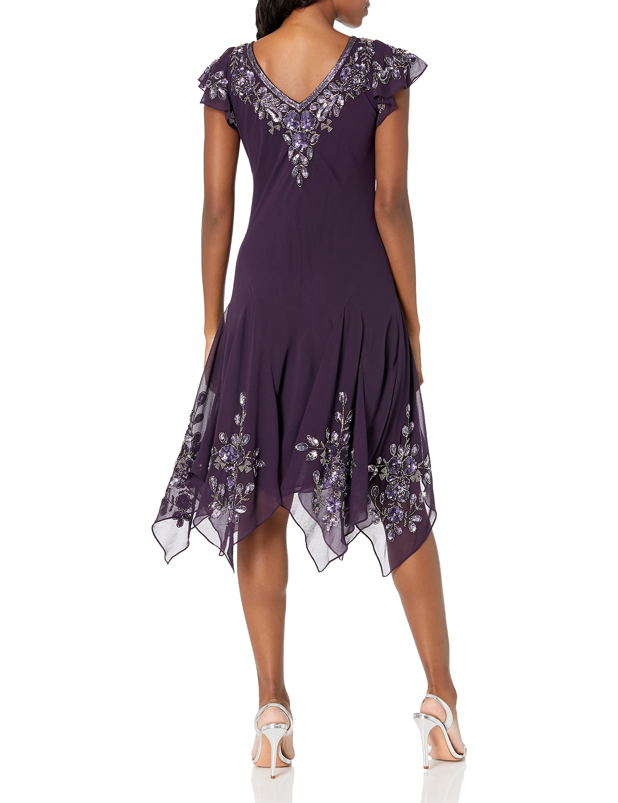 J Kara Women's Plus Size Petite Flutter Sleeve Hanky Hem Short Cocktail Beaded Dress - Elegant Party & Evening Wear for Special Occasions