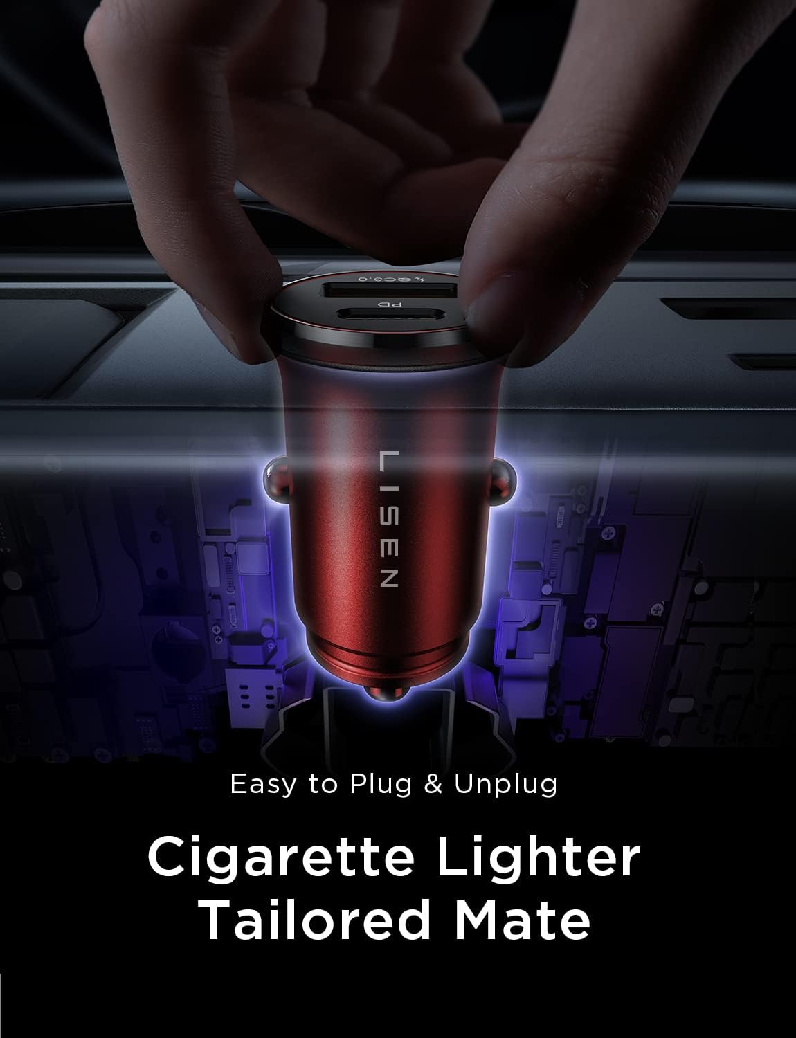 LISEN 54W USB C Car Charger Dual Port Fast Charging - QC3.0 & PD36W Cigarette Lighter Adapter for iPhone 16/15 Pro Max/Mini/Plus, Samsung Galaxy S23/S22 (Red) - Perfect for Road Trips & Daily Commutes