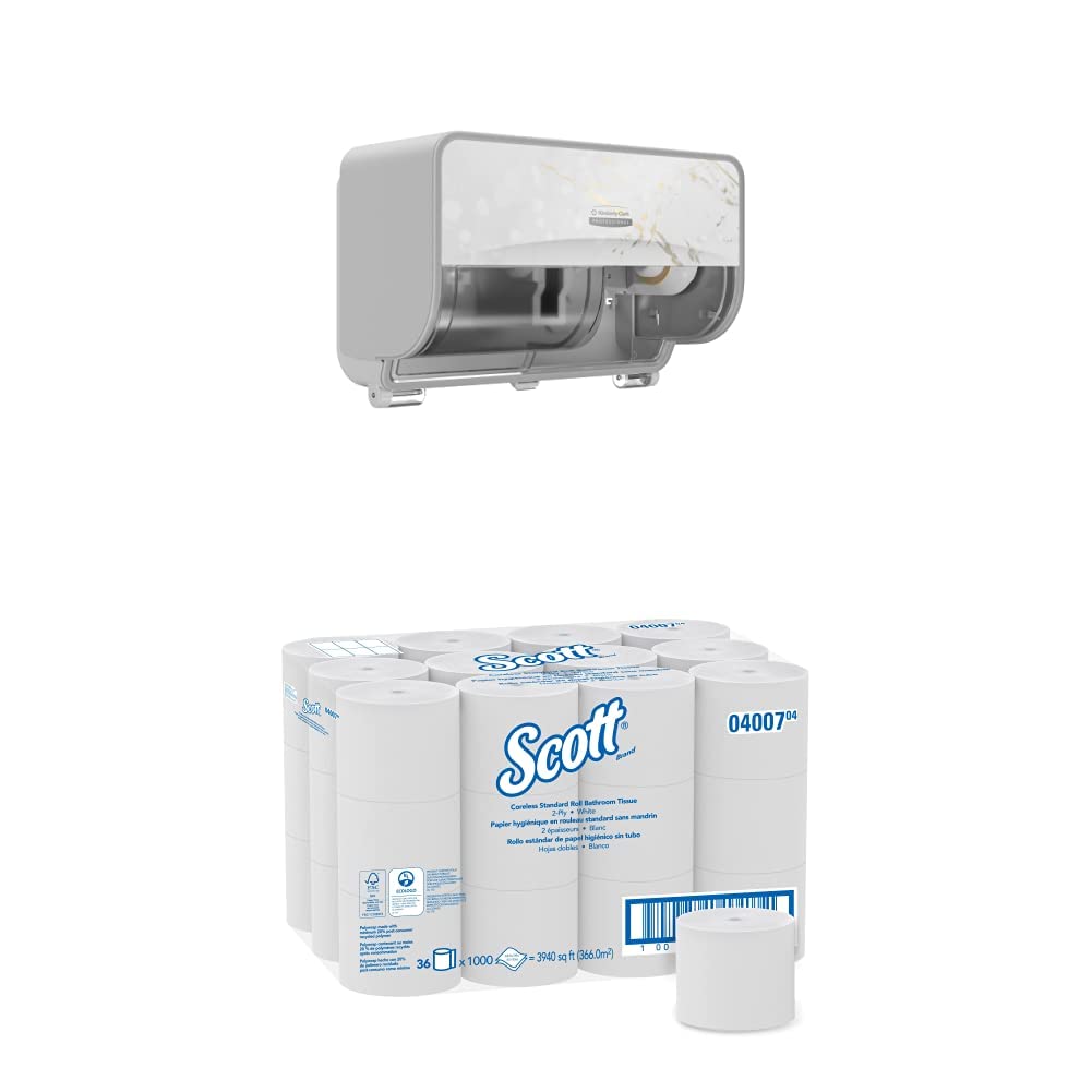 Kimberly-Clark Professional ICON™ Coreless Standard Roll Toilet Paper Dispenser (2 Roll Horizontal, Model 58732) with Scott Coreless Standard Roll Toilet Paper (04007) - Commercial Restroom & Office Bathroom Essential