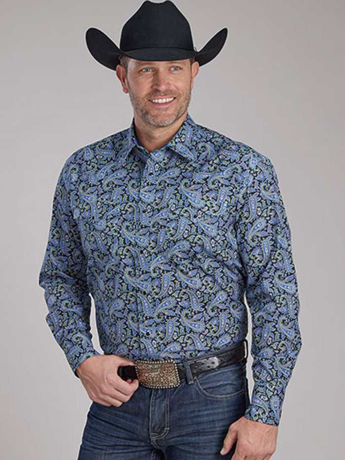 Roper Men's Amarillo Collection All Over Print Snap Shirt - Blue Western Style Button Up Shirt for Casual Wear, Outdoor Activities & Country Music Events