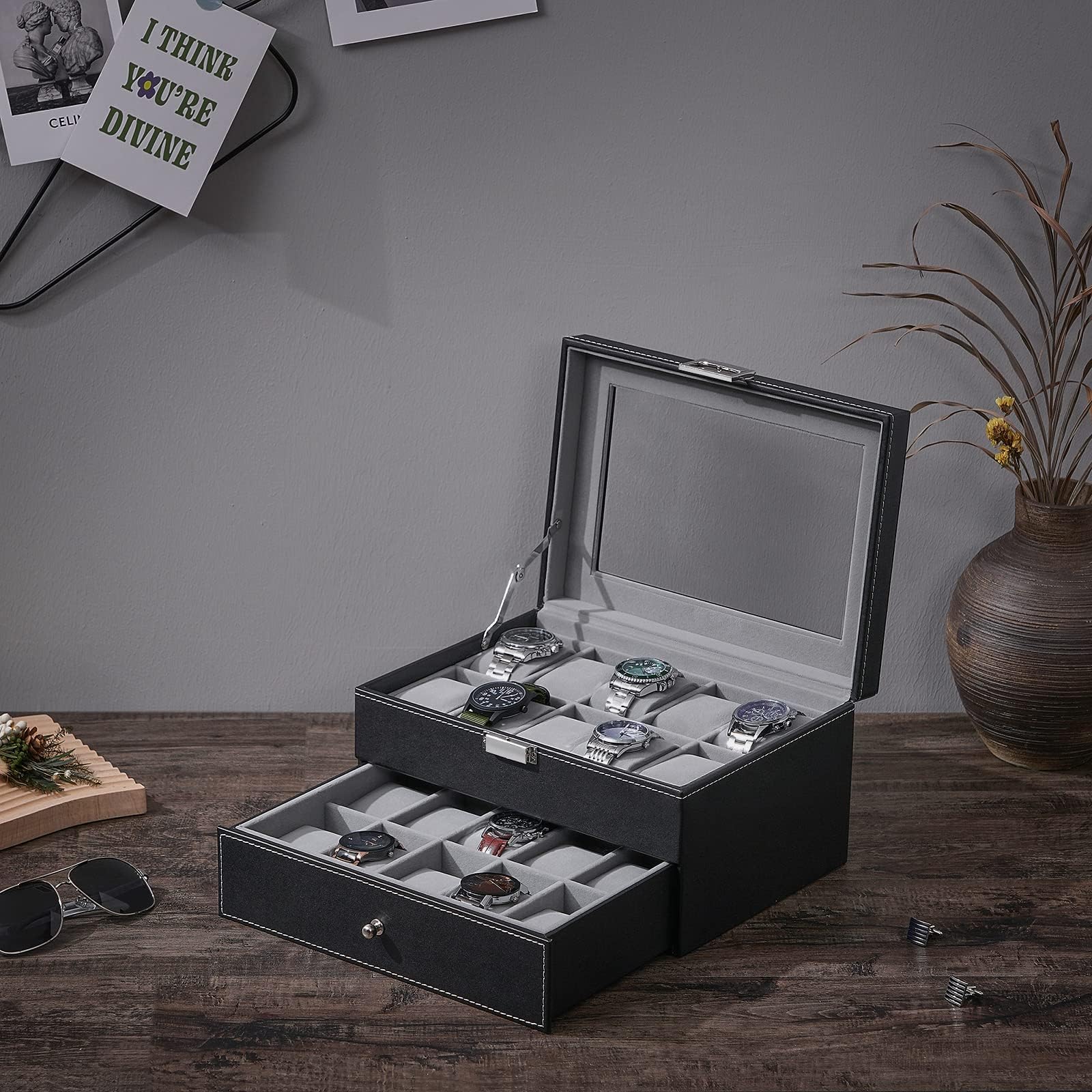 BEWISHOME 20-Slot Watch Box Organizer for Men - Black PU Leather Display Case with Metal Hinge & Glass Top - Large Watch Storage Holder SSH04B - Perfect for Watch Collections, Gifts, and Travel Accessories