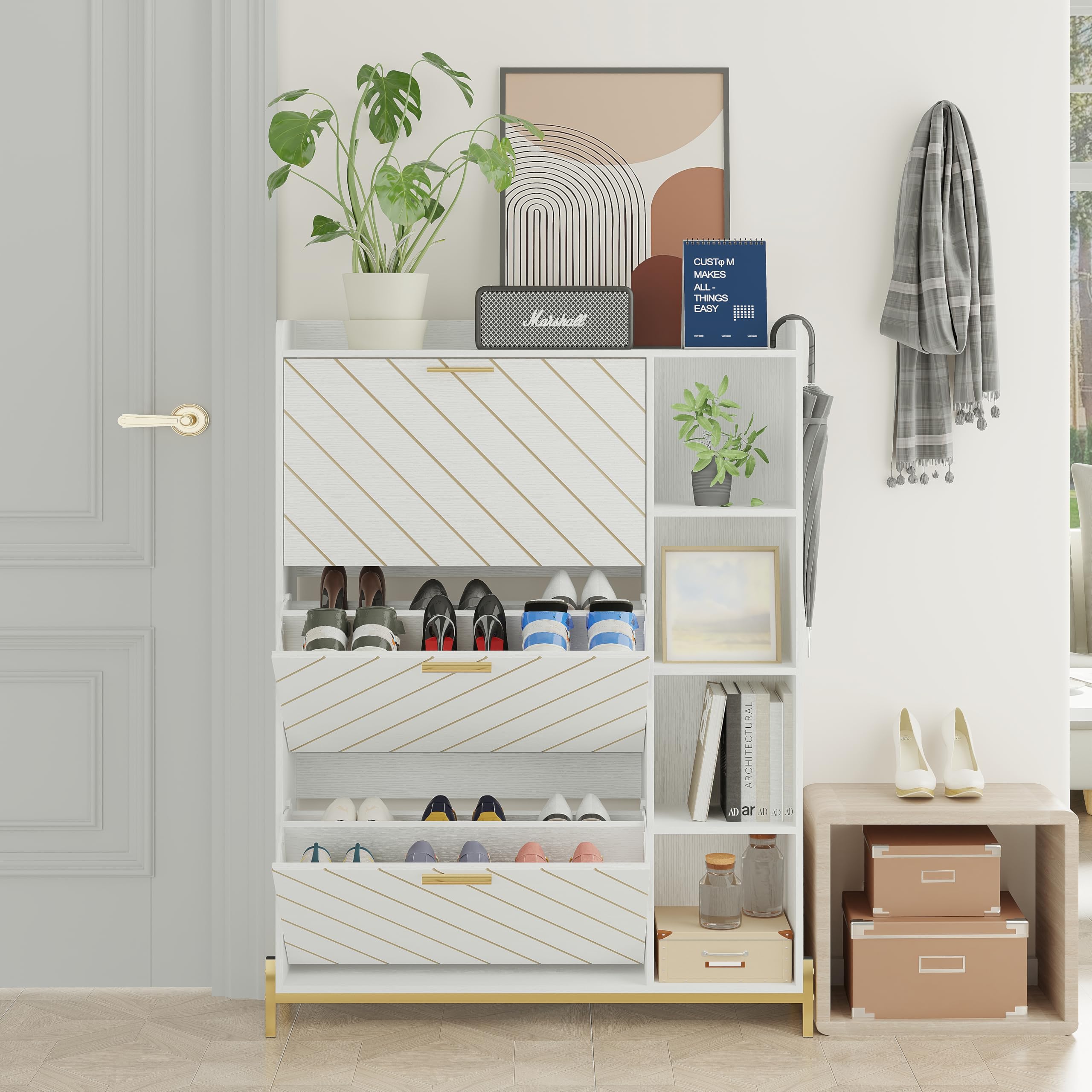 Large Shoe Storage Cabinet - Slim Freestanding Shoe Organizer with 3 Flip Drawers & 4 Shelves for Entryway, Closet, Living Room - Space Saving Hidden Shoe Cabinet (White) | Perfect for Small Apartments, Mudrooms & Home Organization