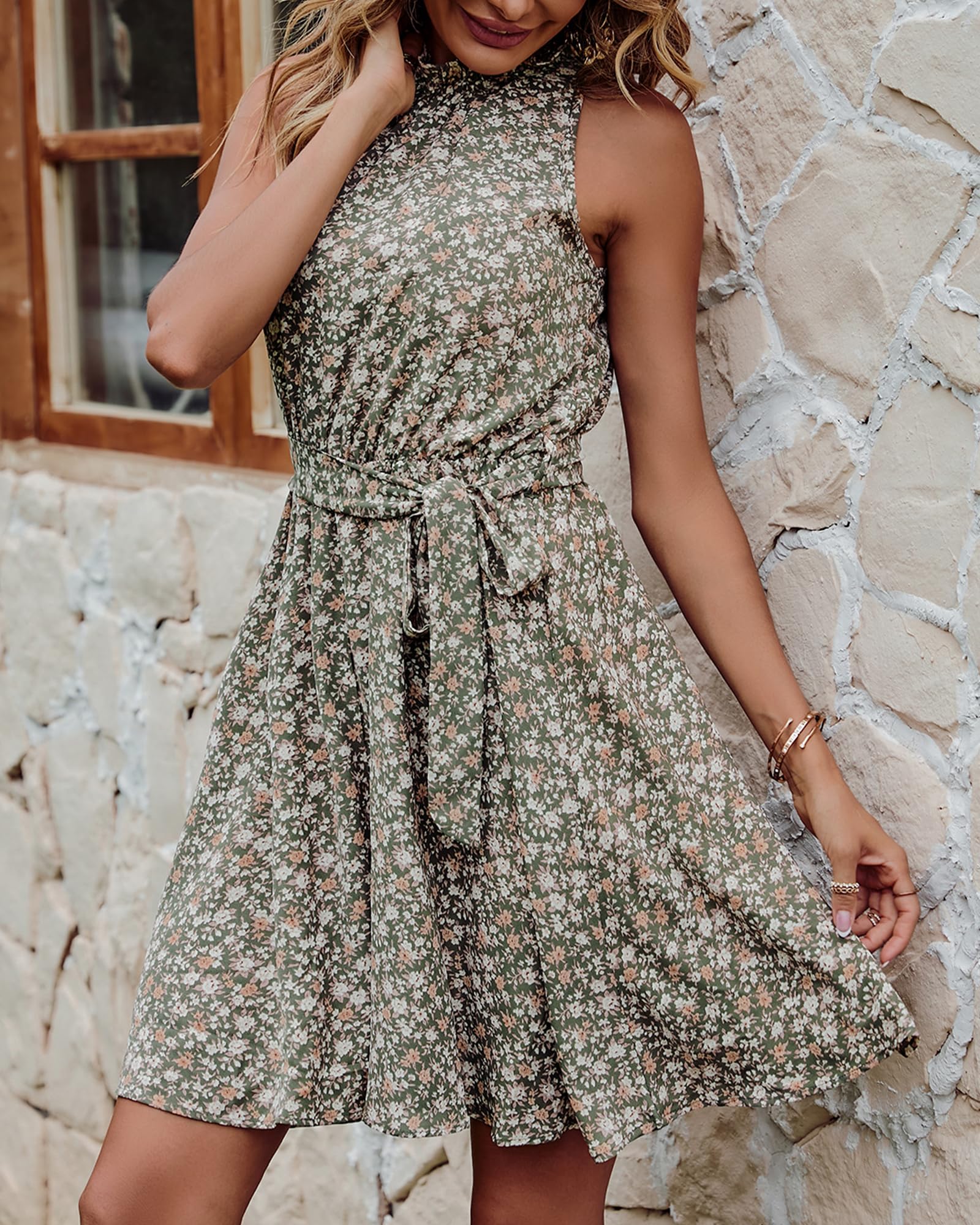 BTFBM Women's Floral & Polka Dot Halter Neck Summer Dress - Sleeveless Boho Mini Dress with Ruffle Detail for Beach, Vacation & Spring 2025 Casual Wear