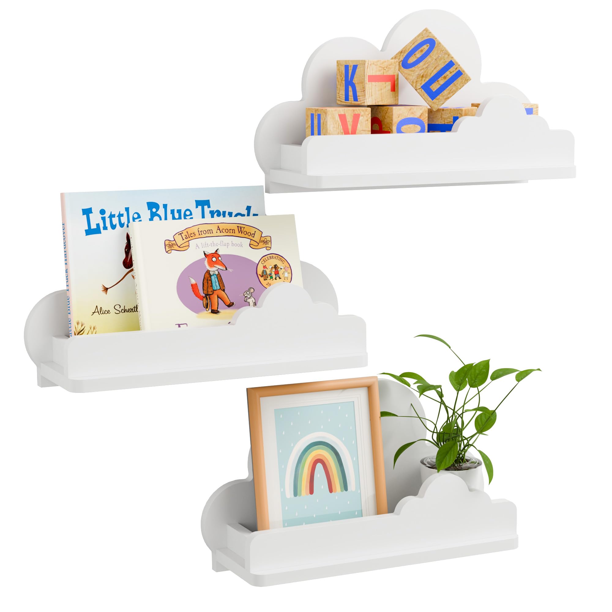 Beskadi Set of 3 White Cloud Floating Shelves - Wall Mounted Nursery Decor for Kids Room, Bookshelf & Display Shelf for Toys, Plants & Storage - Perfect for Bedroom, Playroom & Nursery Organization
