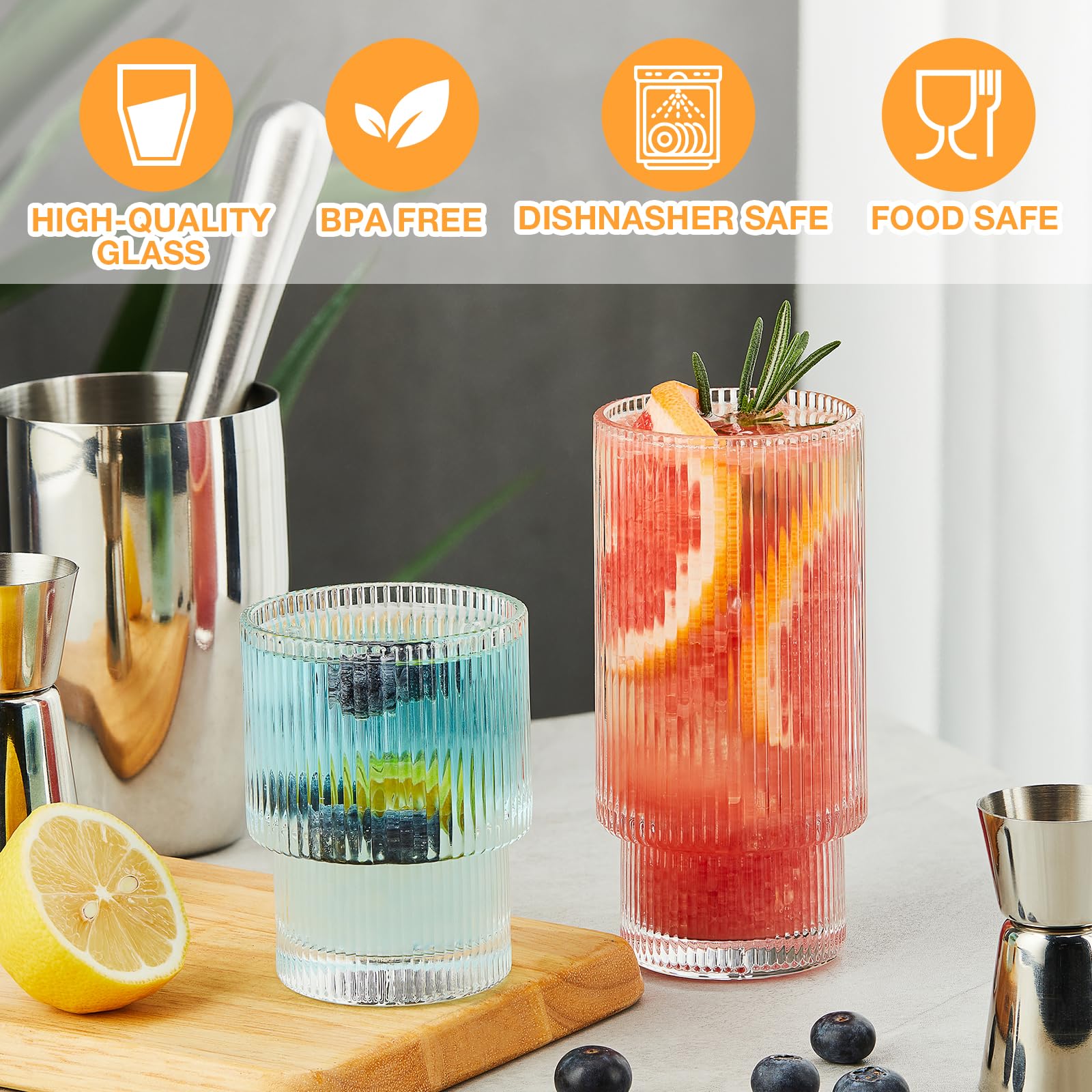 8-Pack Vintage Ribbed Glassware Set - 4 Highball Glasses (11oz) & 4 Rocks Glasses (6oz) - Elegant Drinking Cups for Cocktails, Whiskey, Juice & Iced Coffee - Perfect for Home Bars, Dinner Parties & Everyday Use
