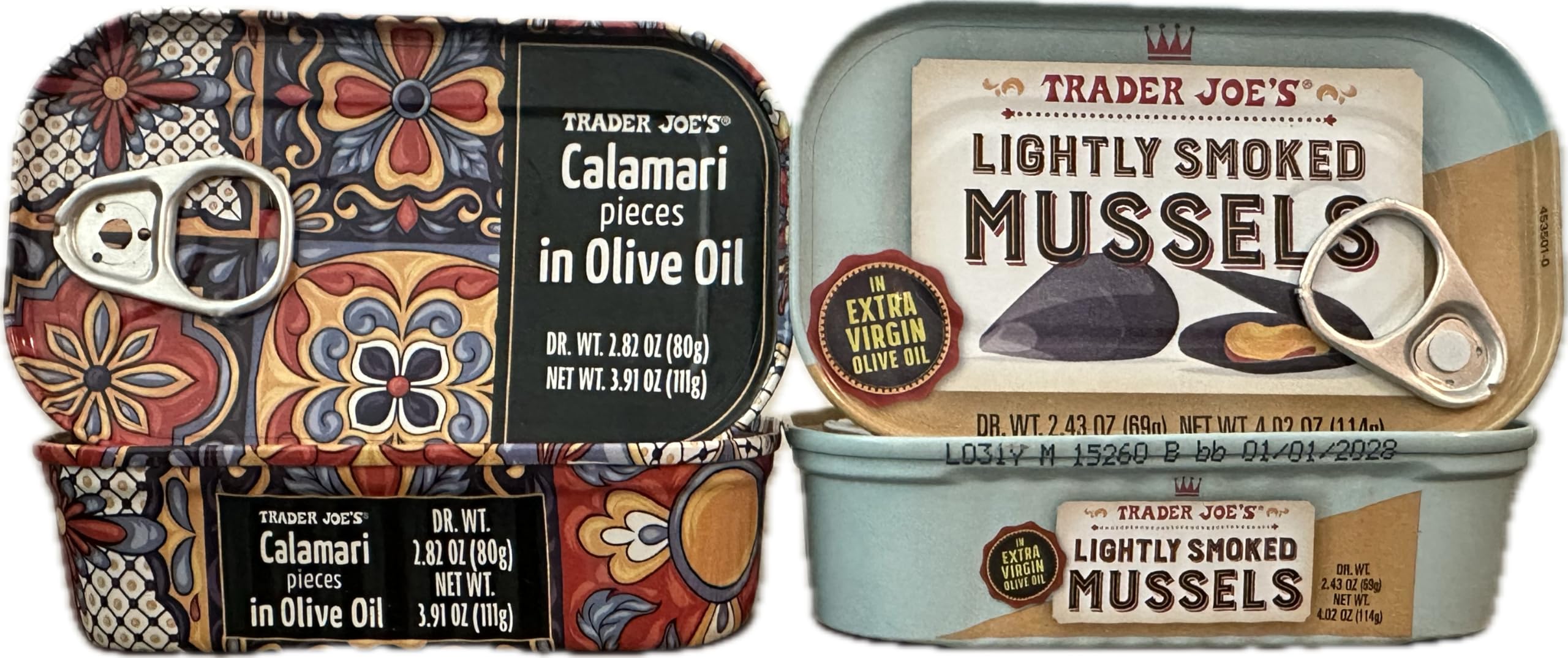 Premium Trader Joe's Calamari in Olive Oil & Lightly Smoked Mussels in Olive Oil - 2 Cans Each | Gourmet Seafood Appetizers for Parties & Charcuterie Boards