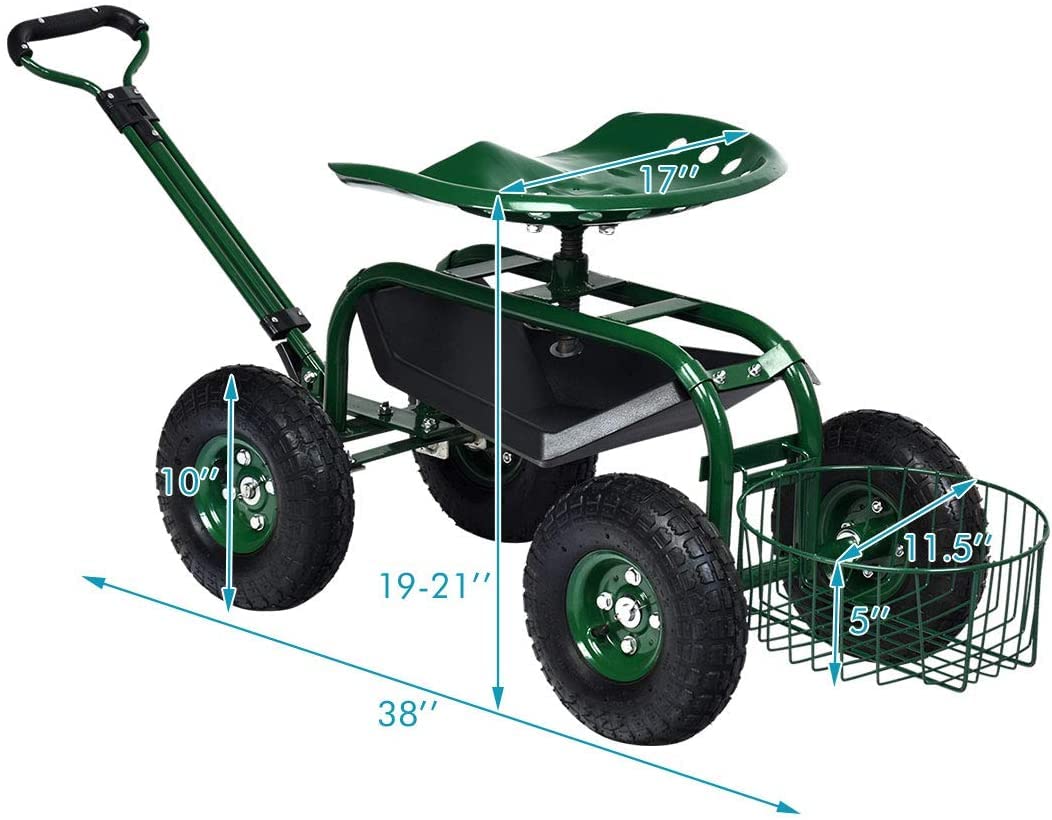 **GRAFFY Heavy Duty Garden Cart with Wheels - Rolling Gardening Stool with Tray & Basket, Adjustable Seat & Handle - Mobile Work Seat for Lawn, Patio & Yard Work - Perfect for Planting, Weeding & Outdoor Chores**