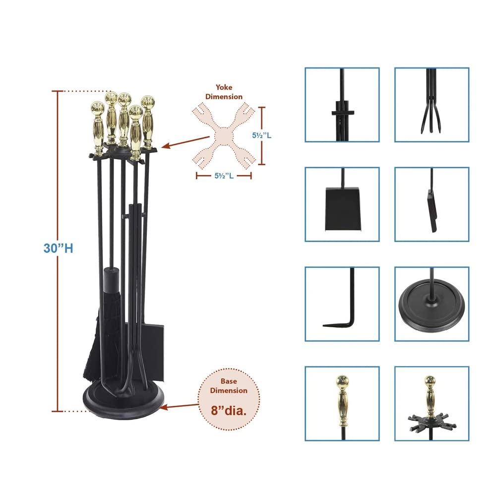 Premium Brass Fireplace Tool Set - 5-Piece Poker, Shovel, Brush, Tongs & Stand - Heavy Duty & Rust-Resistant for Indoor & Outdoor Fire Pits, Wood Stoves & Fireplaces