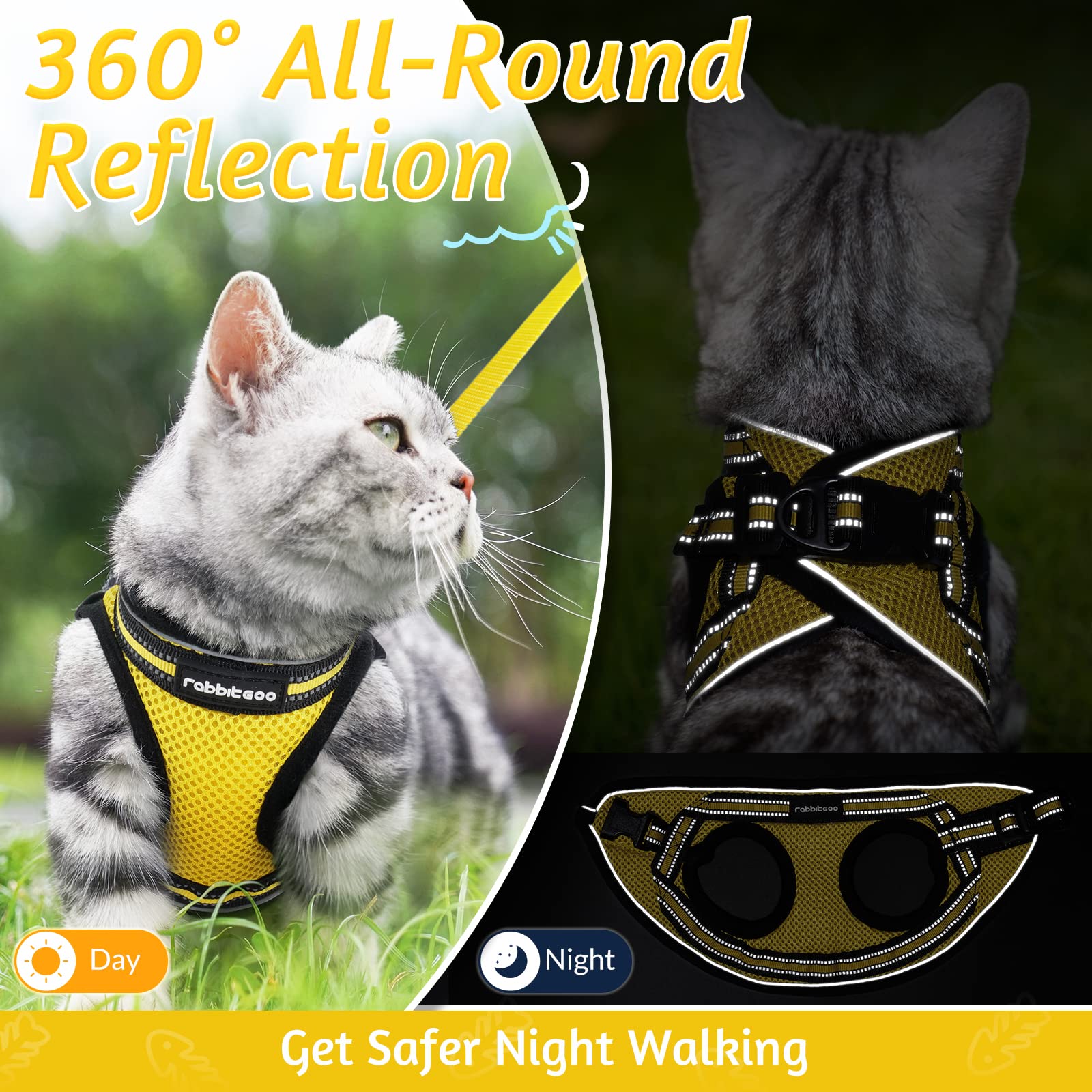 Rabbitgoo Escape Proof Cat Harness and Leash Set - Adjustable Soft Kitten Vest with Reflective Strips for Safe Outdoor Walking - Comfortable Pet Safety Vest in Bright Yellow (Size M) - Perfect for Park Adventures, Vet Visits, and Travel