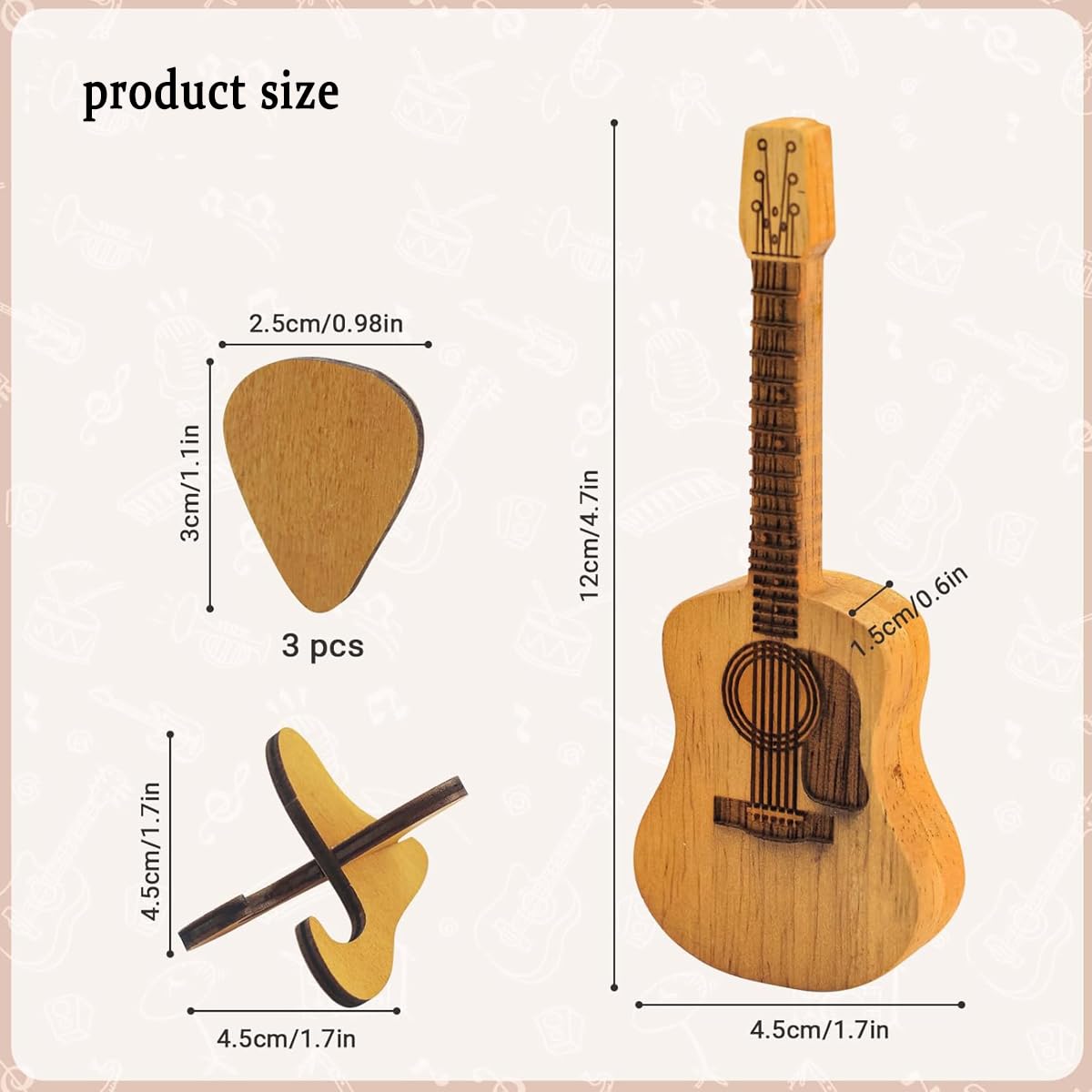 **Premium Wooden Guitar Pick Box with Stand - 3 Unique Engraved Plectrums Included | Compact Storage Case for Acoustic, Electric, Bass & Ukulele Players | Perfect Gift for Musicians & Guitar Lovers**    *(Use: Organize picks neatly on your desk, music studio, or gig bag - ideal for practice, performances, and collector displays!)*