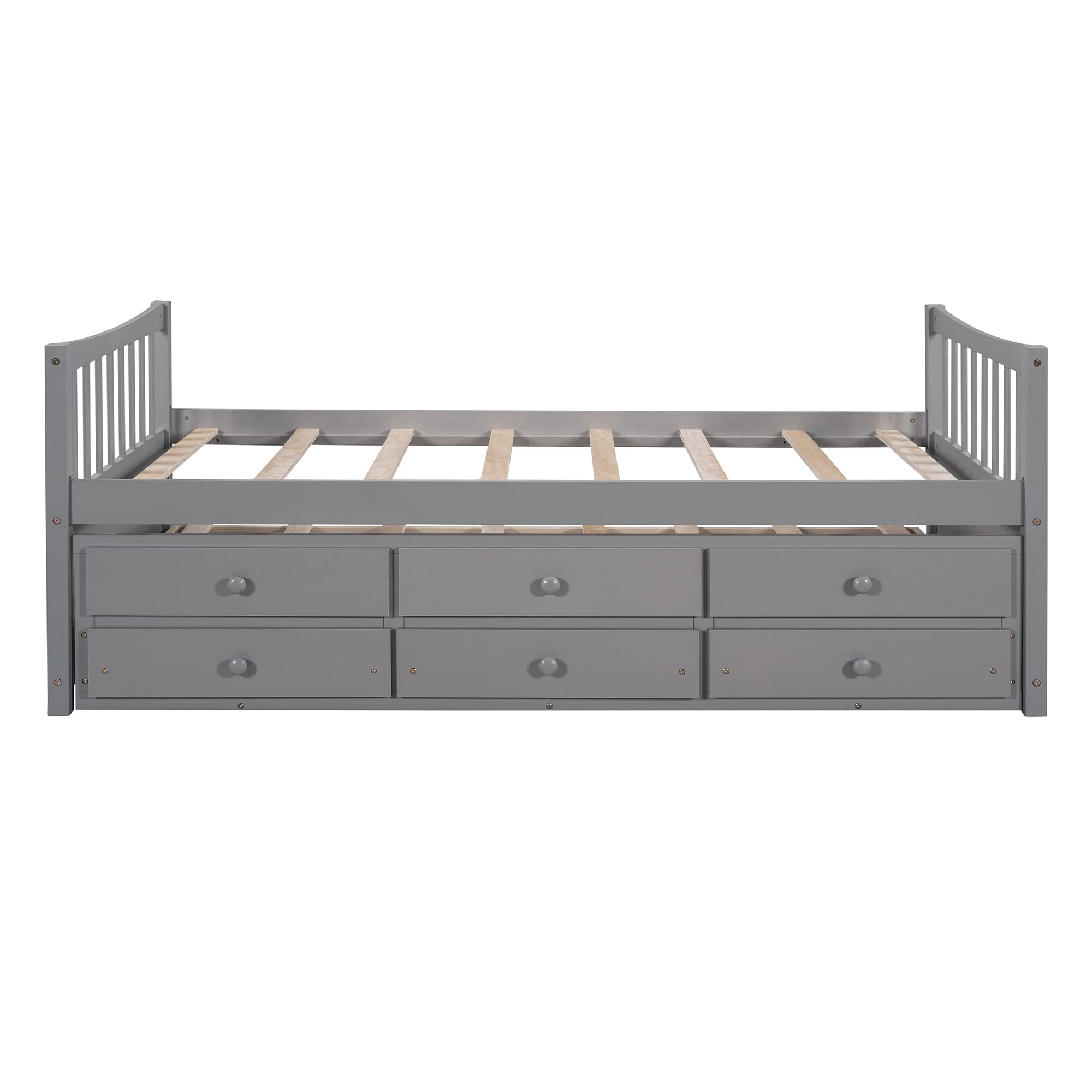 Twin Size Daybed with Trundle - Pinewood Platform Bed Frame with 3 Storage Drawers, Convertible Sofa Bed for Kids & Teens Bedroom - Space Saving Gray Furniture for Guest Room, Dorm or Small Spaces