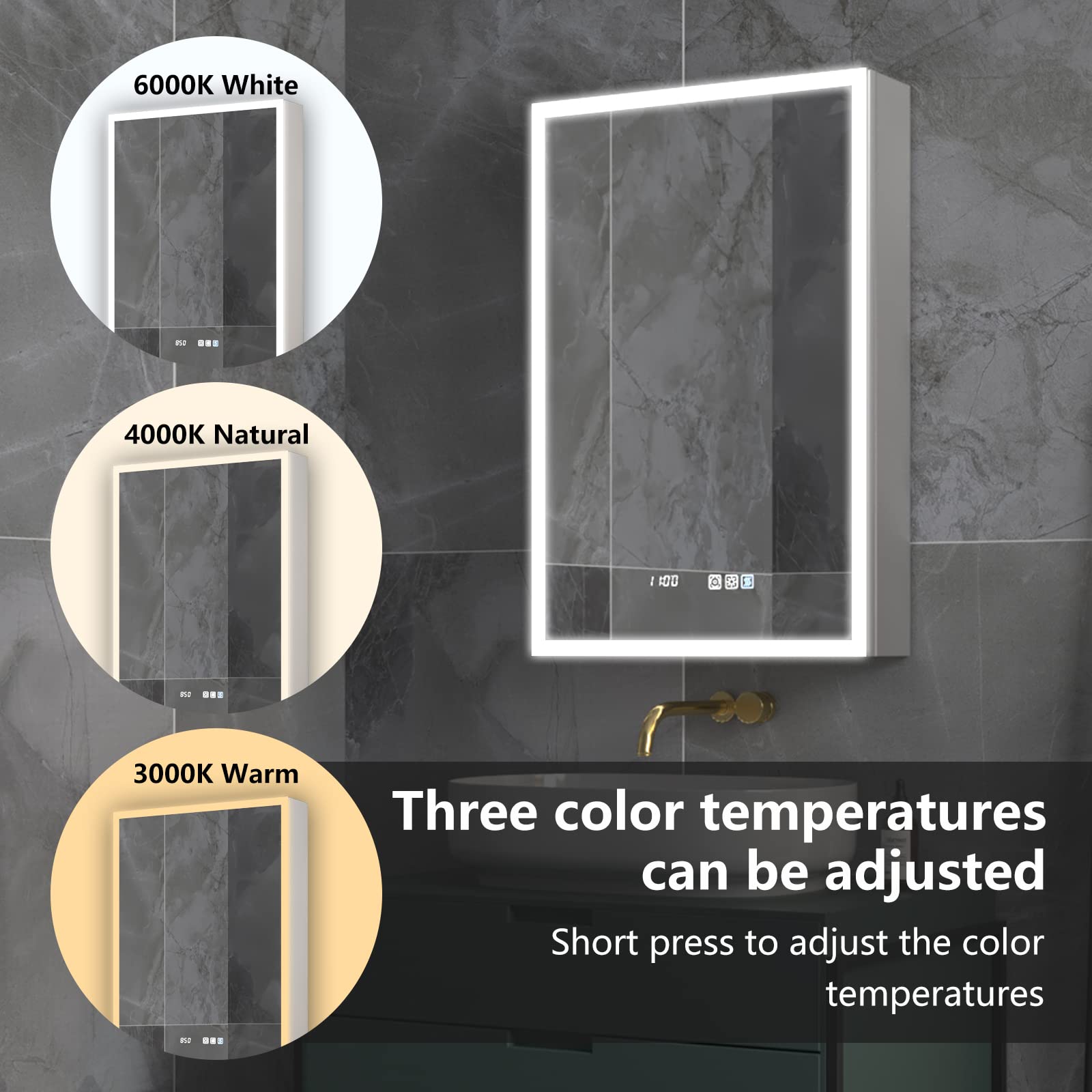 ExBrite 20x30 Inch LED Medicine Cabinet with Clock & Temperature Display - Recessed or Surface Mount, Anti-Fog Mirror, 3-Color Dimmable Lighting (Left Hinge) - Perfect for Bathroom, Bedroom, and Vanity Organization