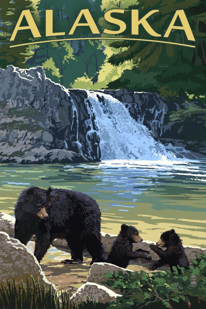 Lantern Press Alaska Black Bears and Waterfall Poster - 12x18 Inch Wall Art Decor for Living Room, Bedroom & Office - Nature Wildlife Photography Print for Home Decoration