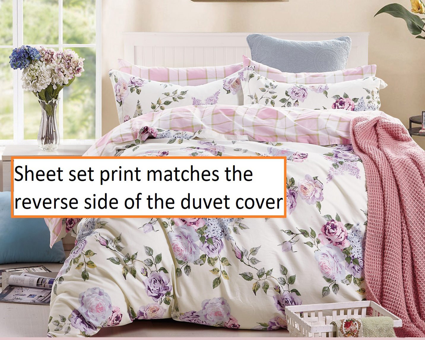 Swanson 100% Cotton Sheet Set with Pink-Purple Roses - Queen Size Bedding Includes Fitted Sheet, Flat Sheet & 2 Pillowcases - Soft Breathable Luxury Bed Sheets for Master Bedroom, Guest Room or Dorm