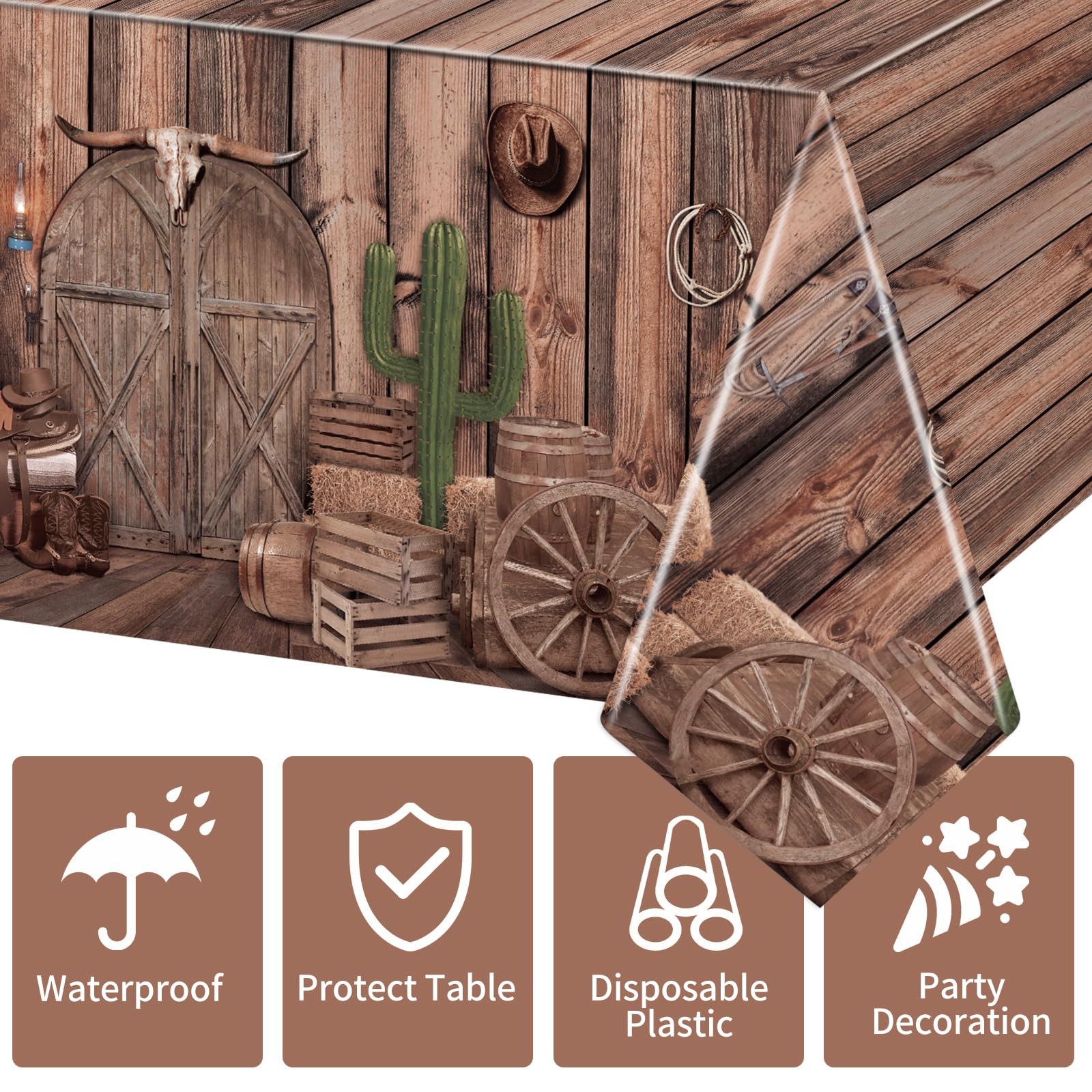 3 Pack Disposable Plastic Western Cowboy Party Tablecloths - Rustic Farmhouse & Western Theme Decor for Birthday Parties, Outdoor & Indoor Events - Perfect for BBQ, Picnics, and Western-Themed Celebrations