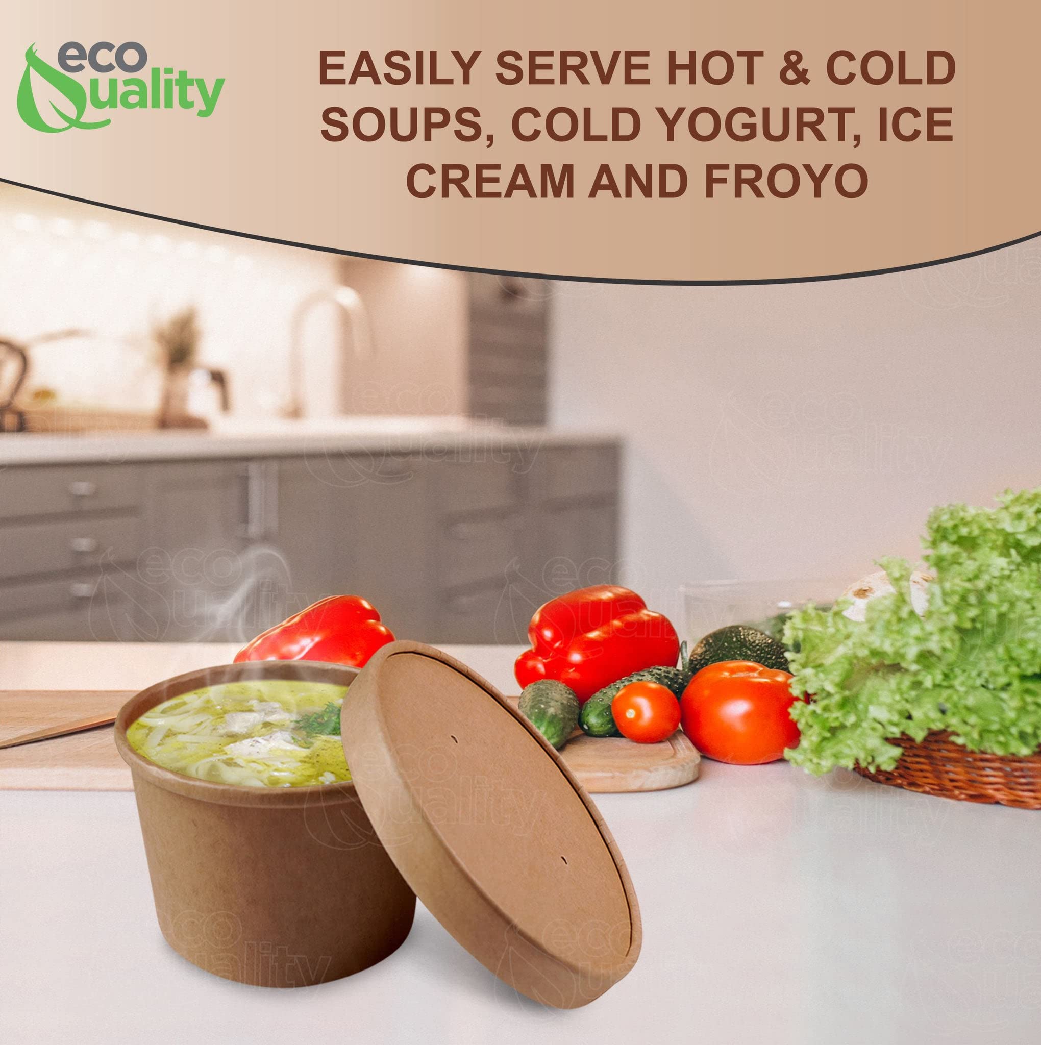 EcoQuality [25 Pack] 12 oz Disposable Kraft Paper Soup Containers with Vented Lids - Microwave Safe Takeout Food Storage for Ice Cream, Frozen Yogurt, Restaurants & Catering | Eco-Friendly Recyclable Containers for Hot/Cold Foods, Picnics & Meal Prep