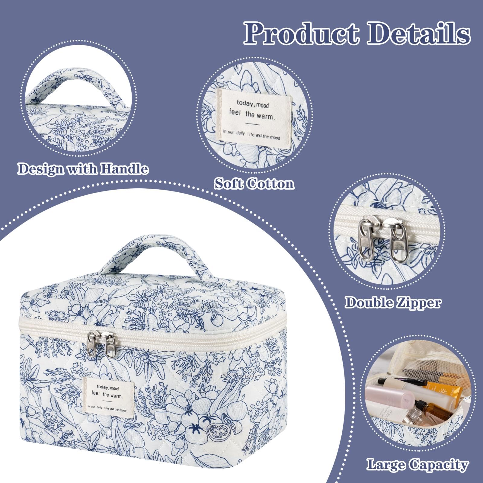 Quilted Makeup Bag Set - 3 Piece Cotton Floral Cosmetic Organizer for Women | Large Travel Toiletry Pouch | Perfect for Travel, Gym, and Daily Beauty Essentials Storage
