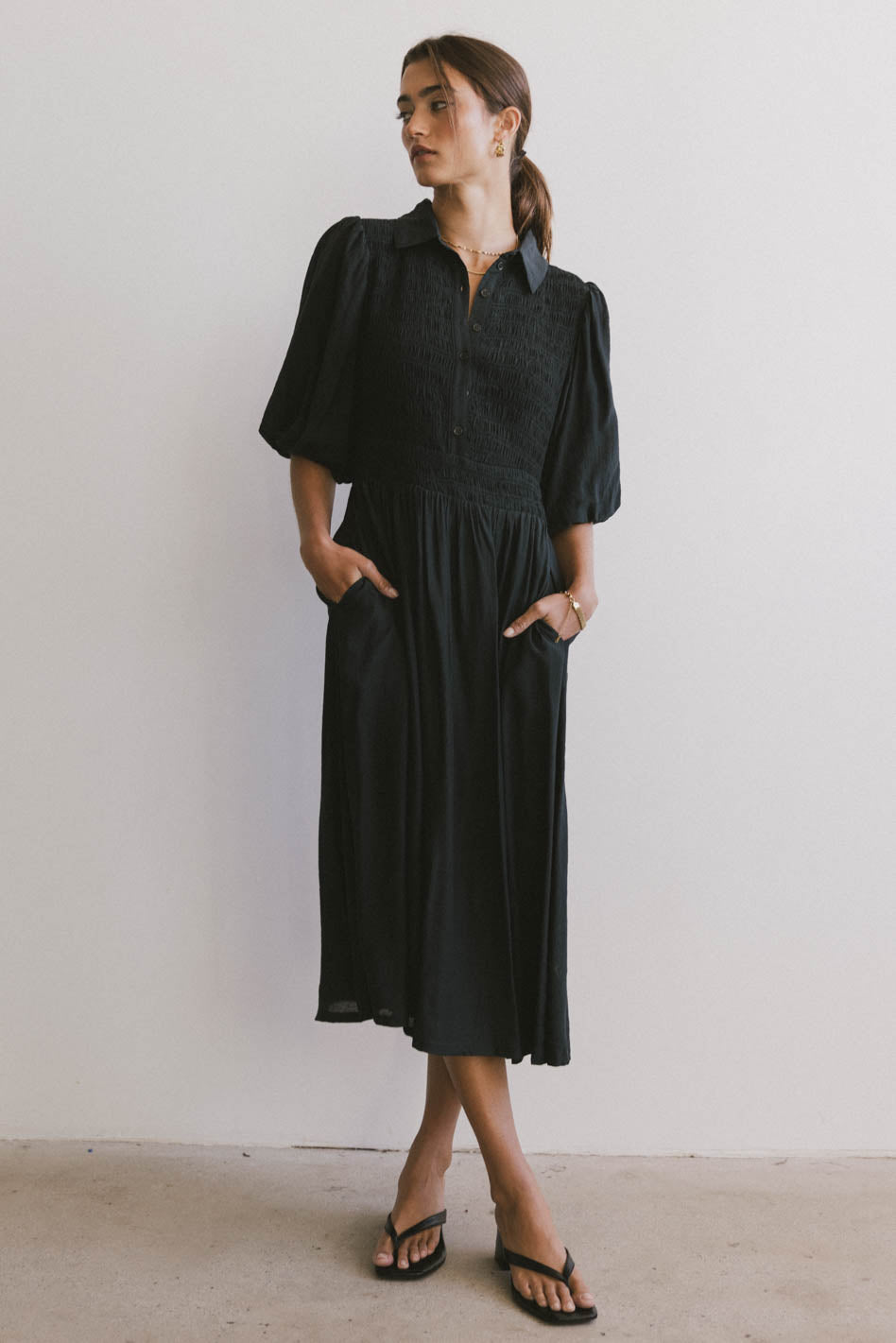 Belen Midi Dress in Dark Teal - Women's Flowy Summer Dress with V-Neck & Short Sleeves - Perfect for Beach Vacations, Date Nights & Casual Outings