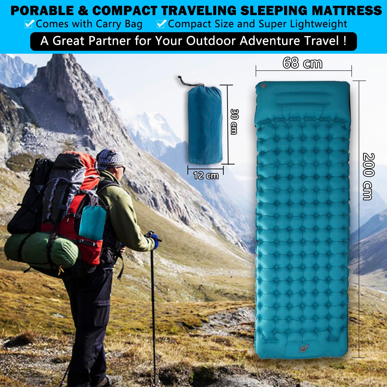 Blue Self-Inflating Camping Pad with Pillow - Lightweight for Hiking & Travel