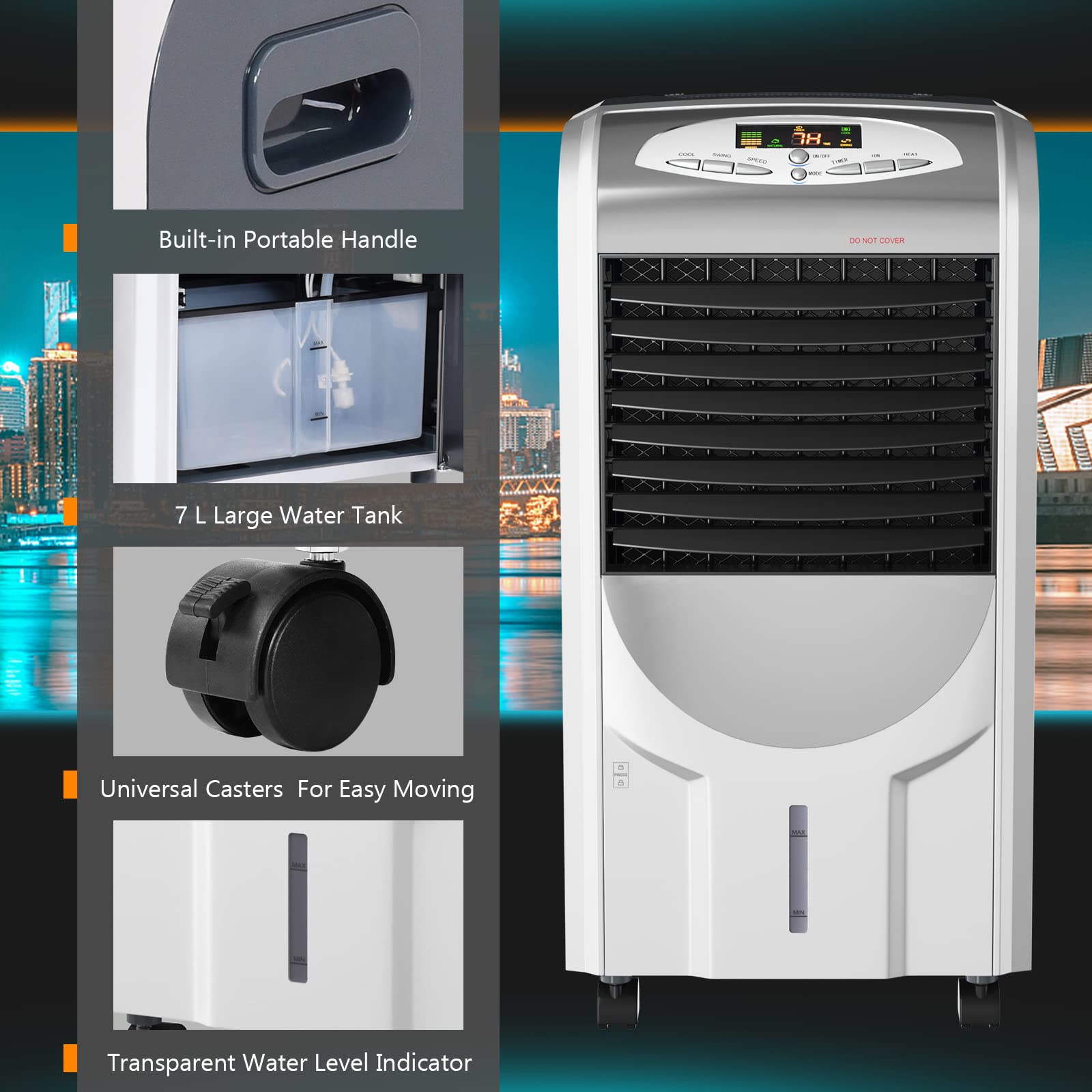 KOTEK 5-in-1 Portable Evaporative Air Cooler & Heater with Anion Function - Bladeless Quiet Cooling Fan with Remote Control, 8H Timer, 3 Modes & 3 Speeds - Perfect for Home, Office, Bedroom and Living Room Cooling