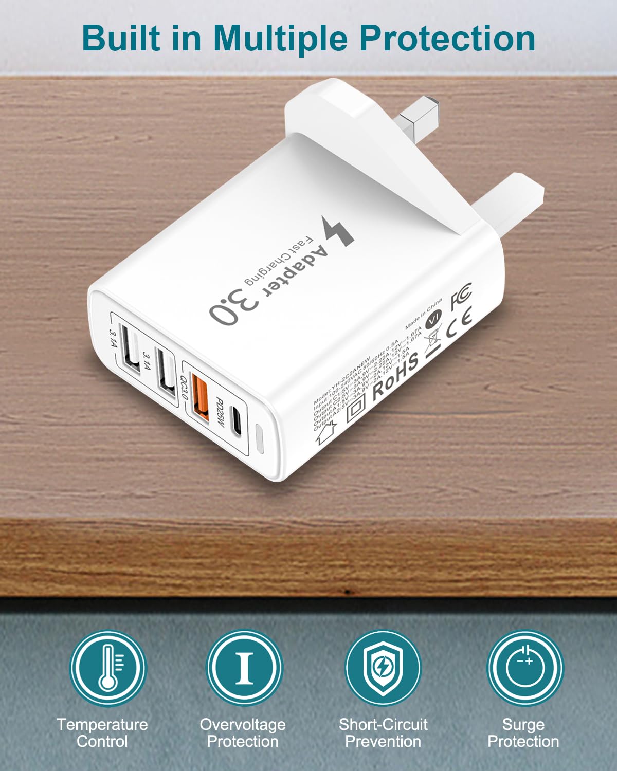 40W 4-Port USB C Fast Charger with PD&QC3.0 - UK Wall Plug Adapter for iPhone 15/14/13/12/11 Pro Max, iPad, Samsung Galaxy - Perfect for Home, Office & Travel Charging Needs