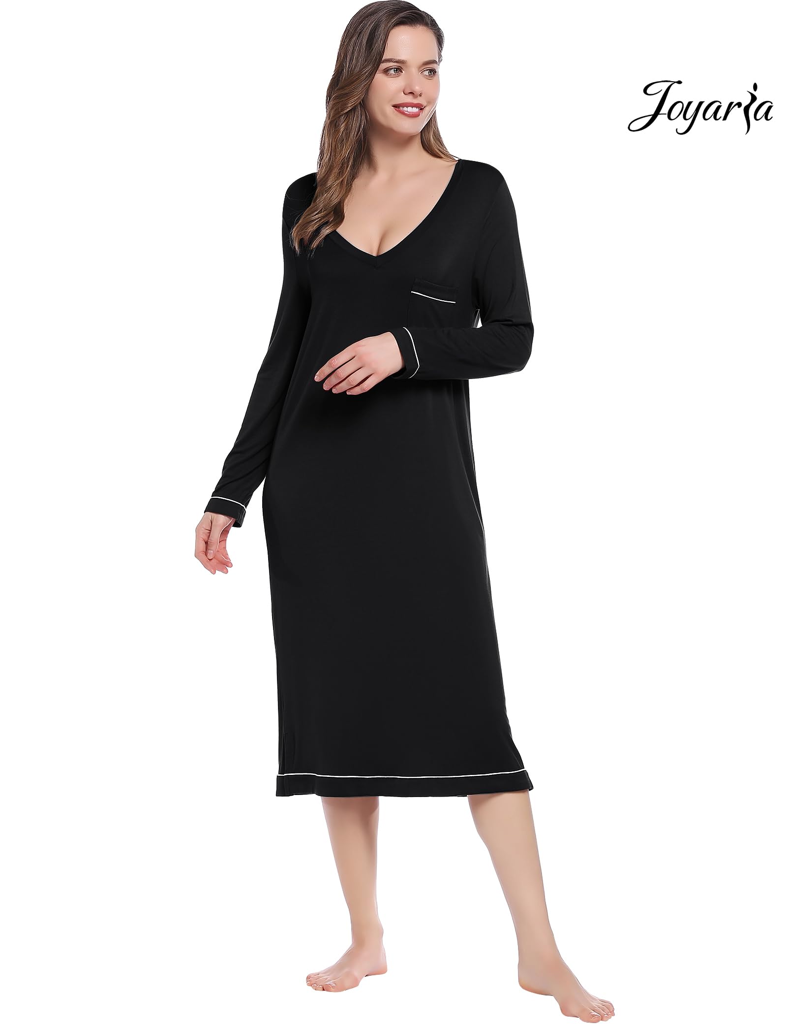 Joyaria Women's Soft Bamboo Viscose Long Sleeve Nightgown - V-Neck Moisture Wicking Sleep Shirt - Comfortable Sleepwear for Women Sizes S-XXL - Perfect for Relaxing at Home, Lounging & Overnight Stays